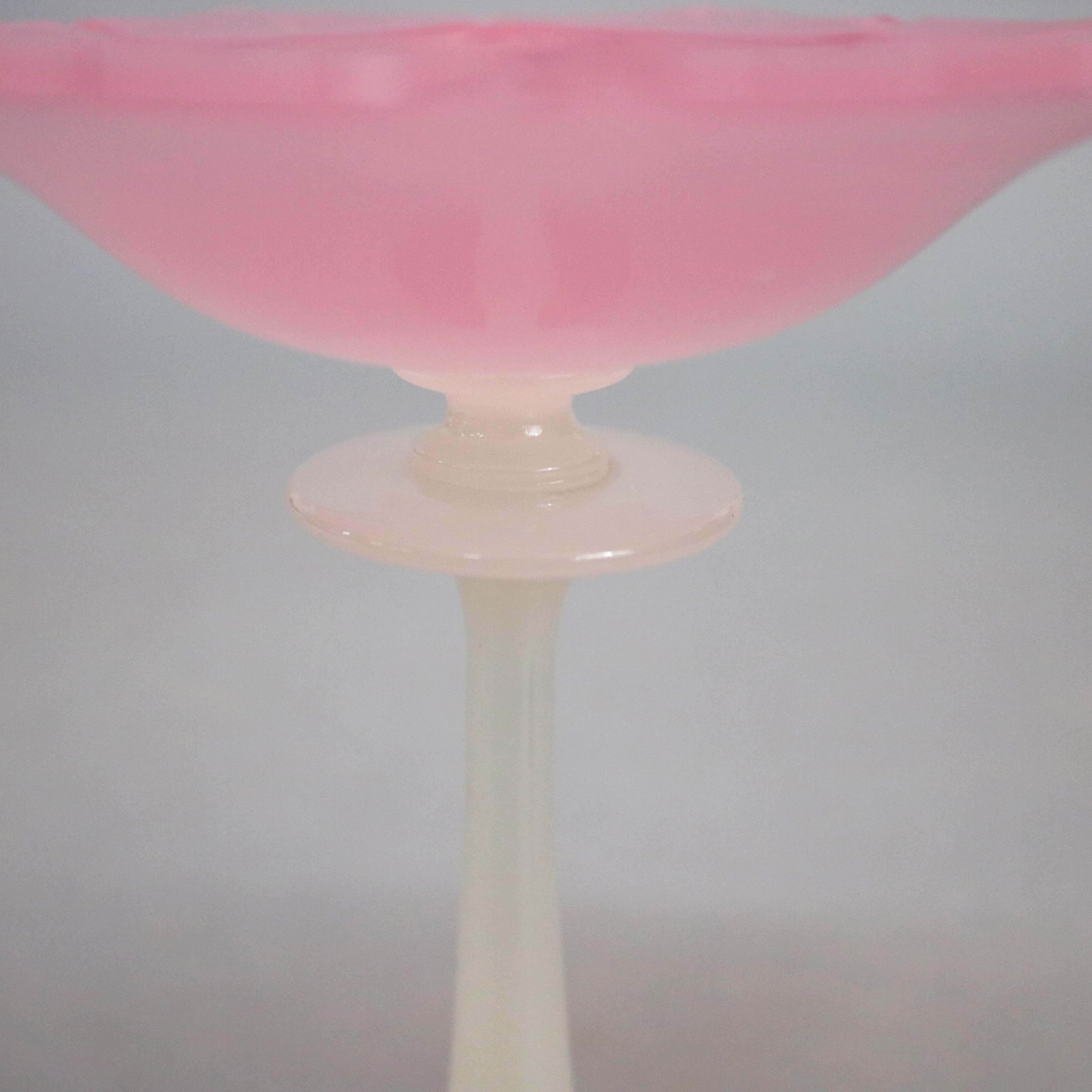 Antique Steuben Rosaline & Alabaster Art Glass Floral Form Compote, circa 1930 3