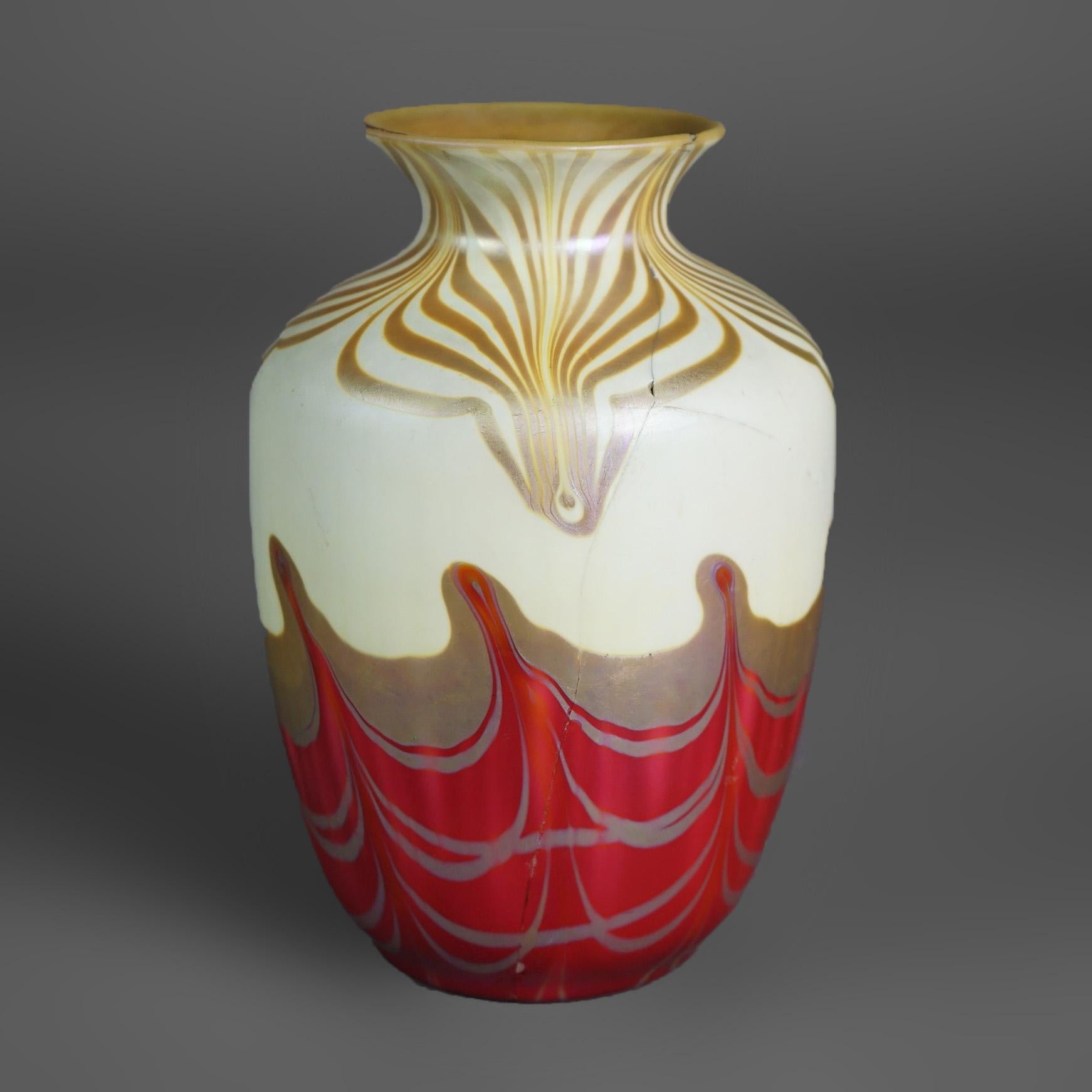 Rare Color Art Glass Vase in the Manner of Steuben, Stylized Pulled Feather, Circa 1920 (repairs and spider crack as photographed).

Measures - 7 1/4