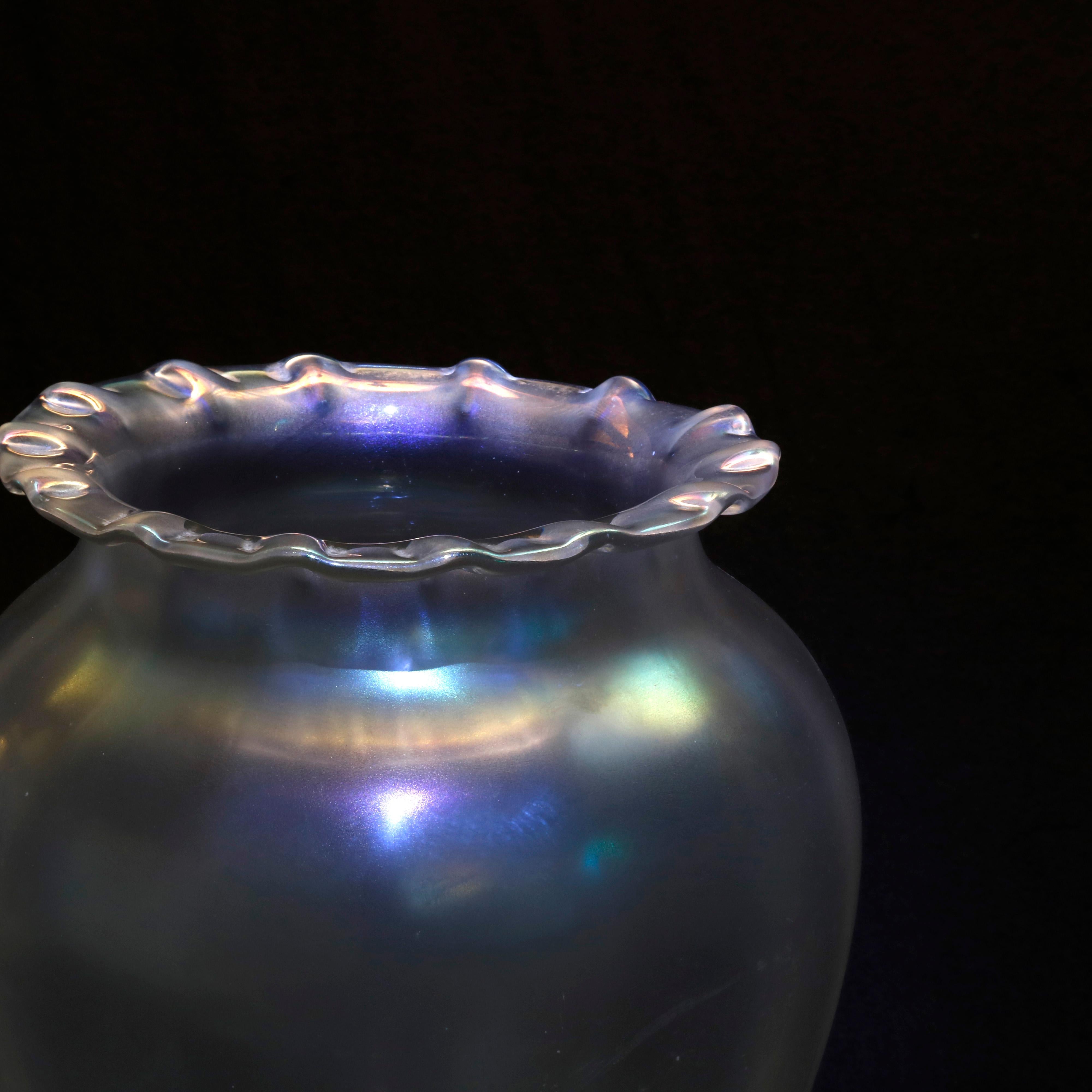 An antique vase by Steuben offers Verre De Sois art glass shoulder vase with wide mouth having crimped edge, unsigned, c1920

Measures: 10.25