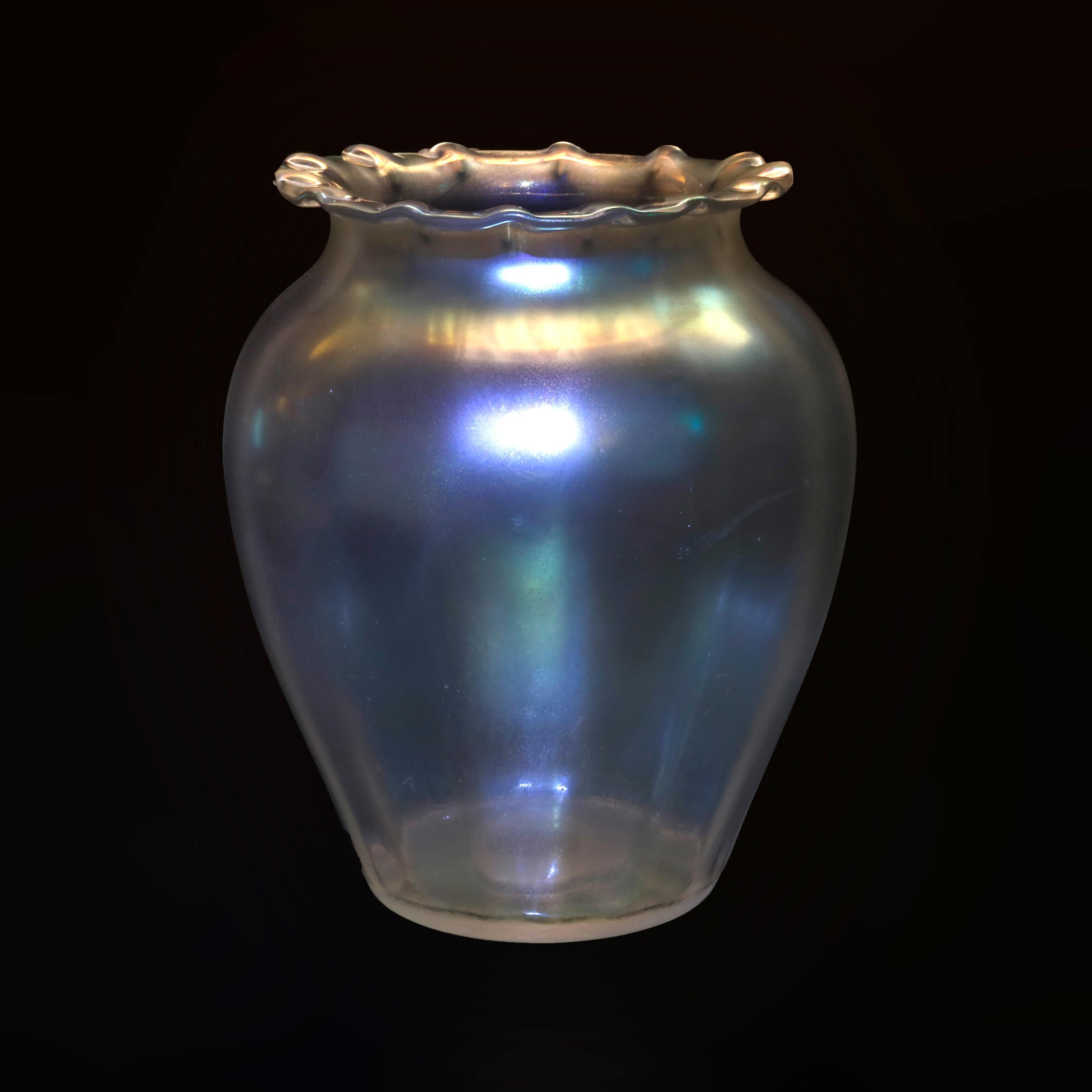 Hand-Crafted Antique Steuben Verre De Soie Crimped Edge Art Glass Vase, Circa 1920