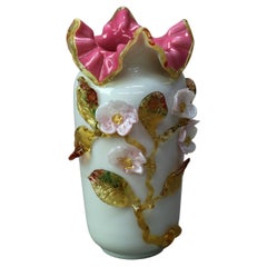 Antique Stevens & Williams Satinware Art Glass with Applied Florals C1890