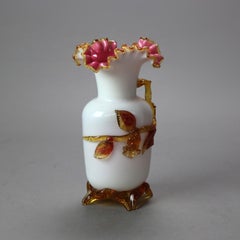 Antique Stevens & Williams Satinware Oak Leaf & Branch Art Glass Vases c1890