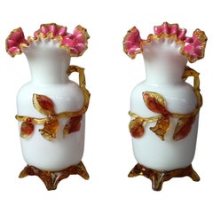 Antique Stevens & Williams Satinware Oak Leaf & Branch Art Glass Vases c1890
