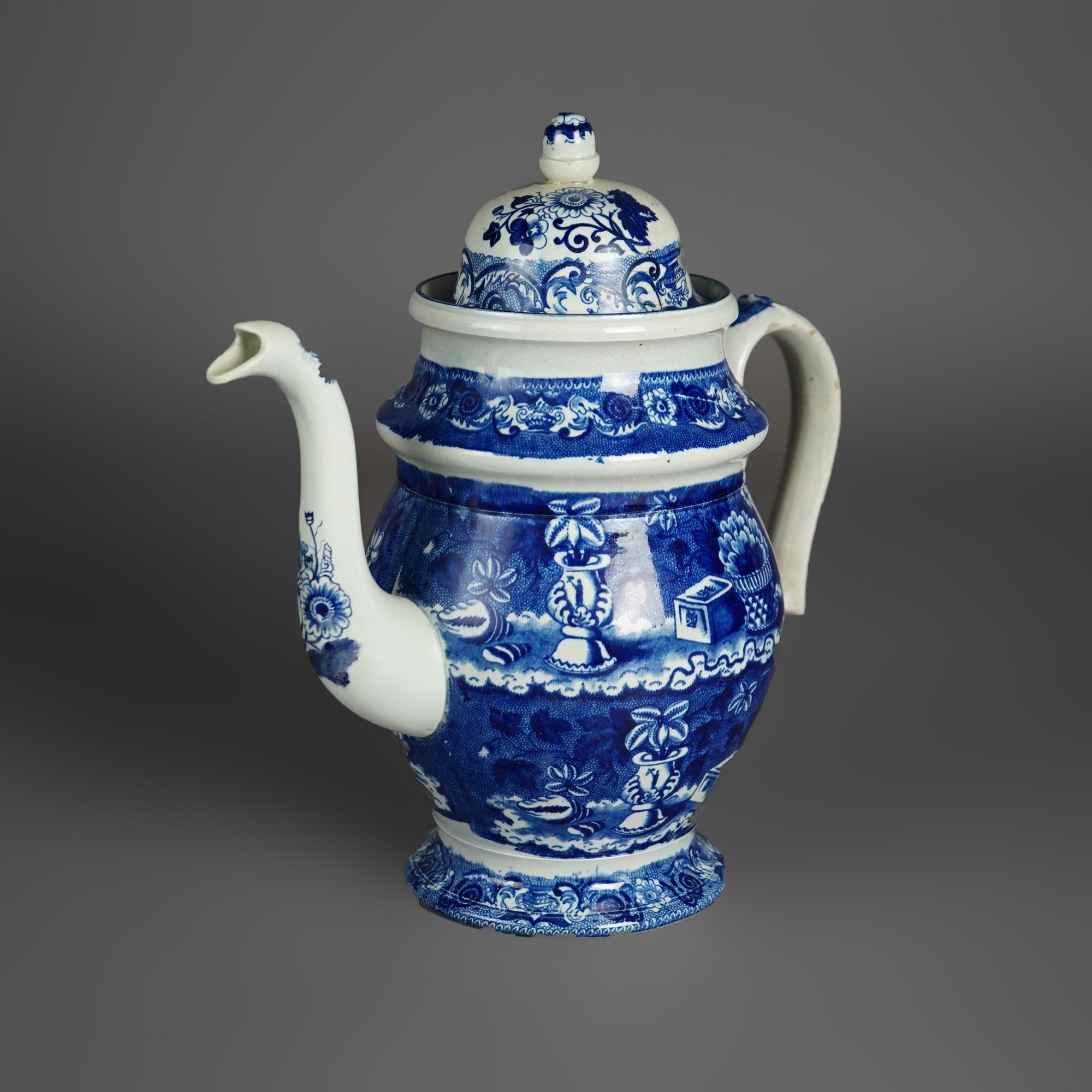 Antique Stevenson Staffordshire Pottery Flow Blue Lidded Coffee Pot 19thC

Measures - 11.75