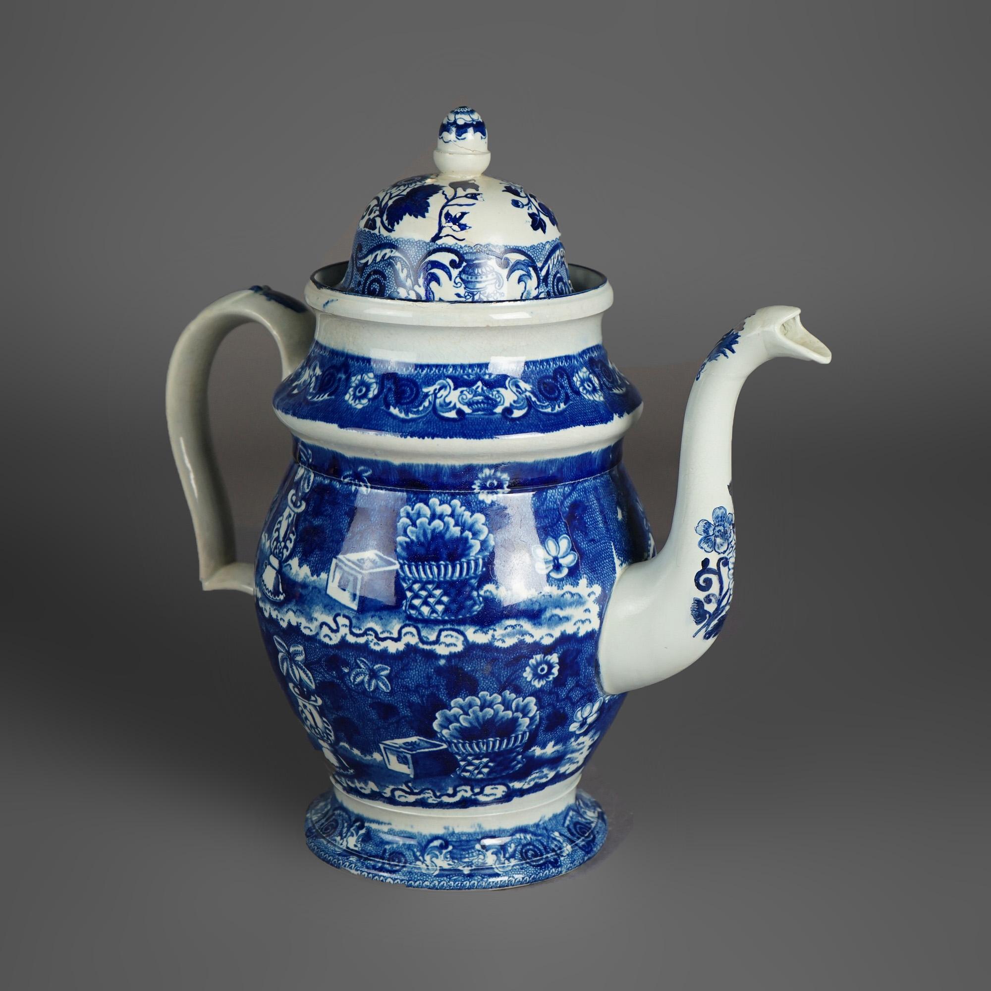 Antique Stevenson Staffordshire Pottery Flow Blue Coffee Pot 19thC In Good Condition For Sale In Big Flats, NY