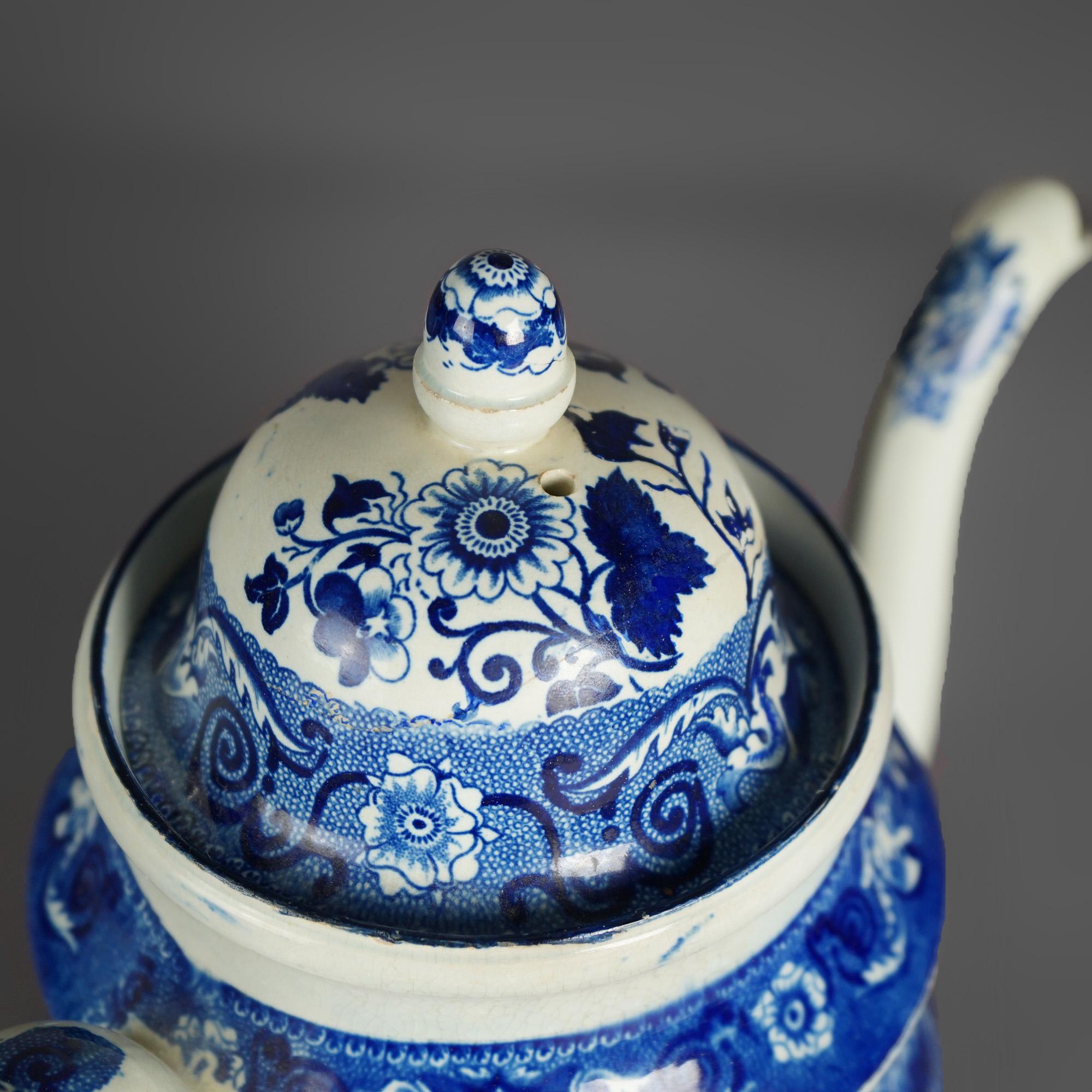 19th Century Antique Stevenson Staffordshire Pottery Flow Blue Coffee Pot 19thC