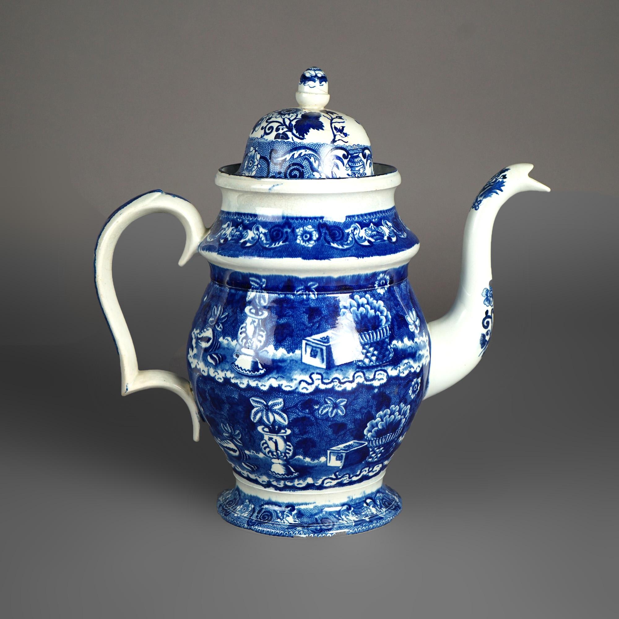 Porcelain Antique Stevenson Staffordshire Pottery Flow Blue Coffee Pot 19thC For Sale