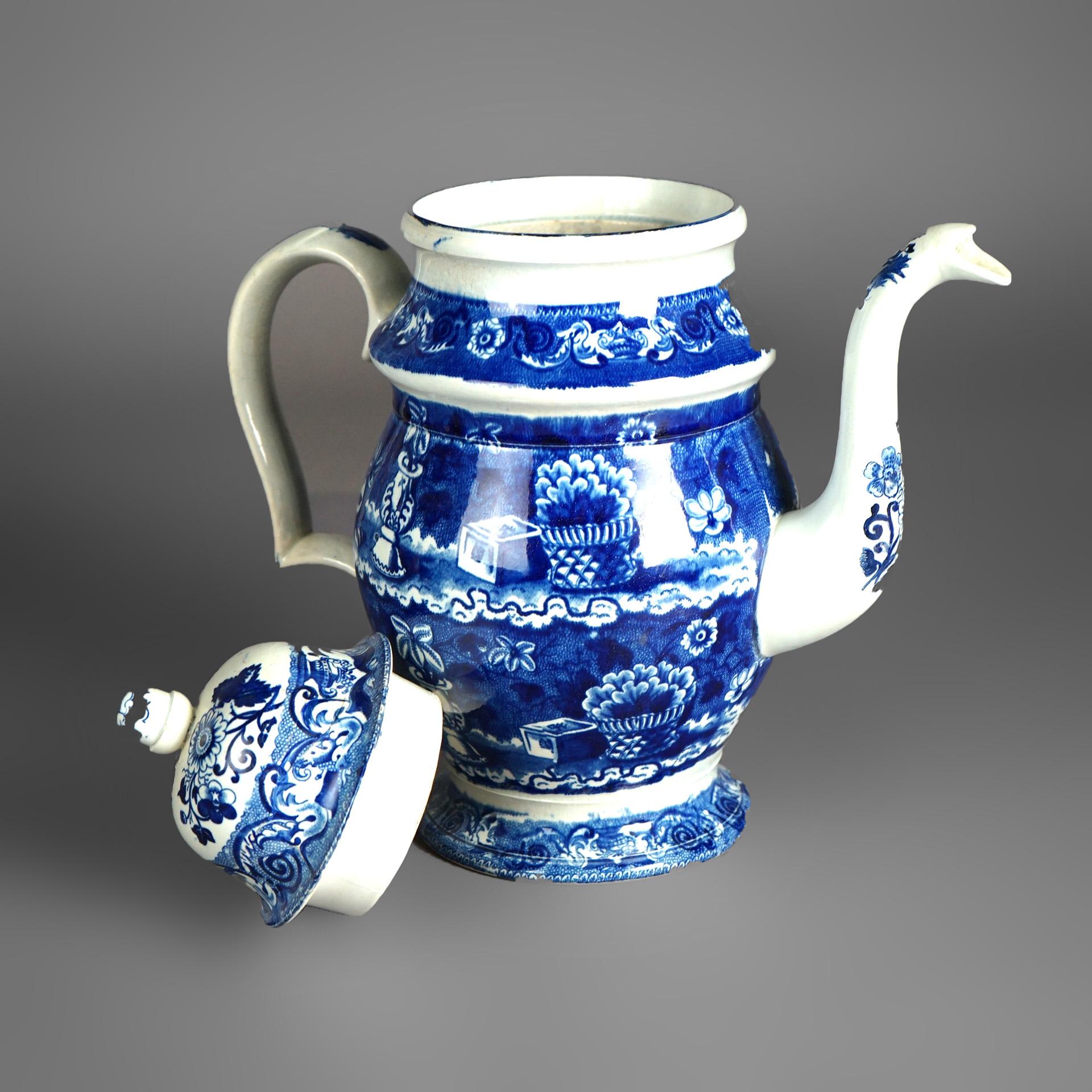 Antique Stevenson Staffordshire Pottery Flow Blue Coffee Pot 19thC For Sale 3