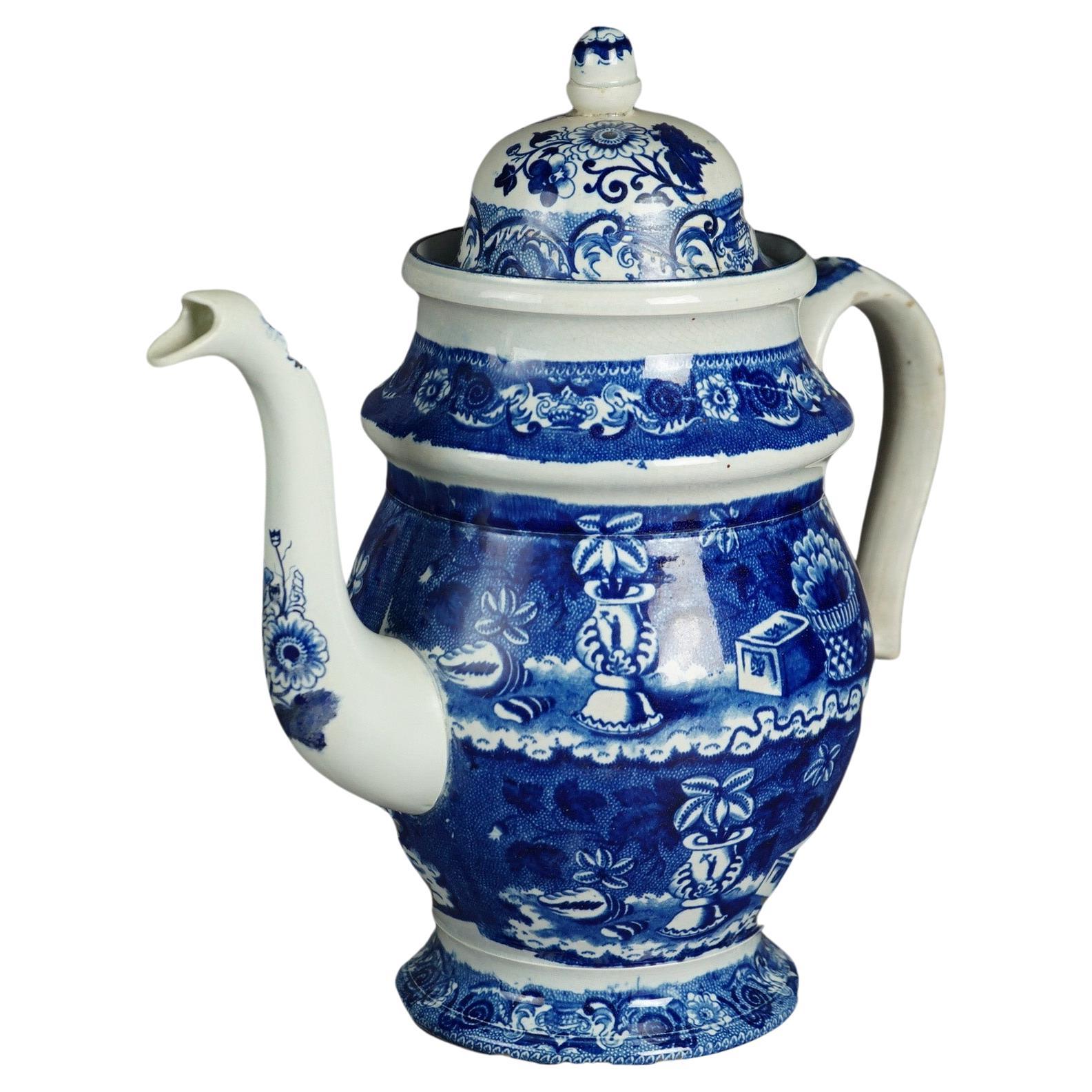 Antike Stevenson Staffordshire-Keramik-Kaffeekanne in Flow Blau, 19. Jahrhundert