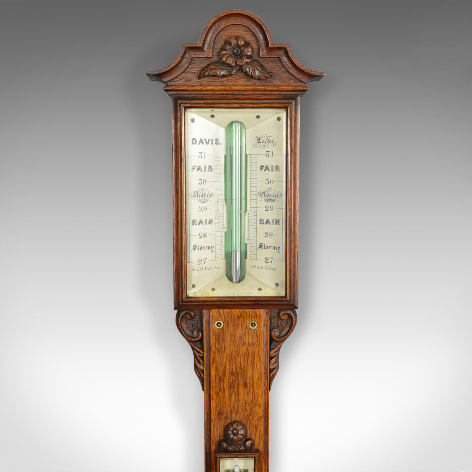 Early Victorian Stick Barometer Davis Leeds English Oak Scientific Instrument, circa 1830