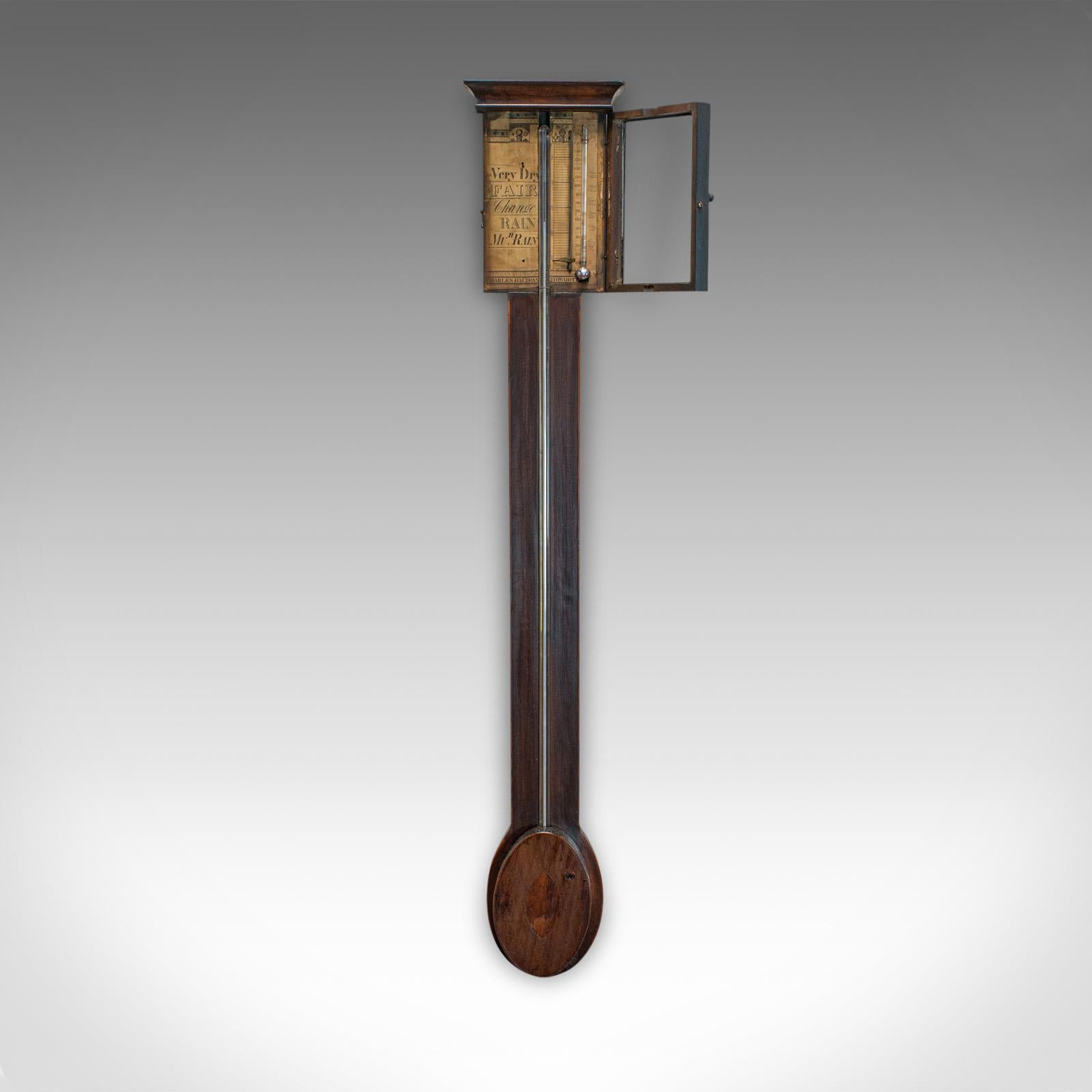 This is an antique stick barometer. An English, mahogany barometer by renowned maker Charles Howarth of Halifax and dating to the early Victorian period, circa 1850.

Select cuts of mahogany and boxwood inlay displays a desirable aged patina
Good