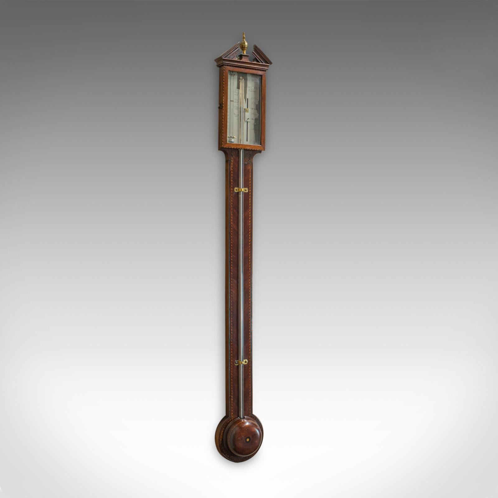 This is an antique stick barometer. An English, mahogany barometer by the renowned Torre and Co. of London and dating to the mid-19th century, circa 1850.

Select mahogany displays rich, dark hues throughout
A desirable aged patina, with some