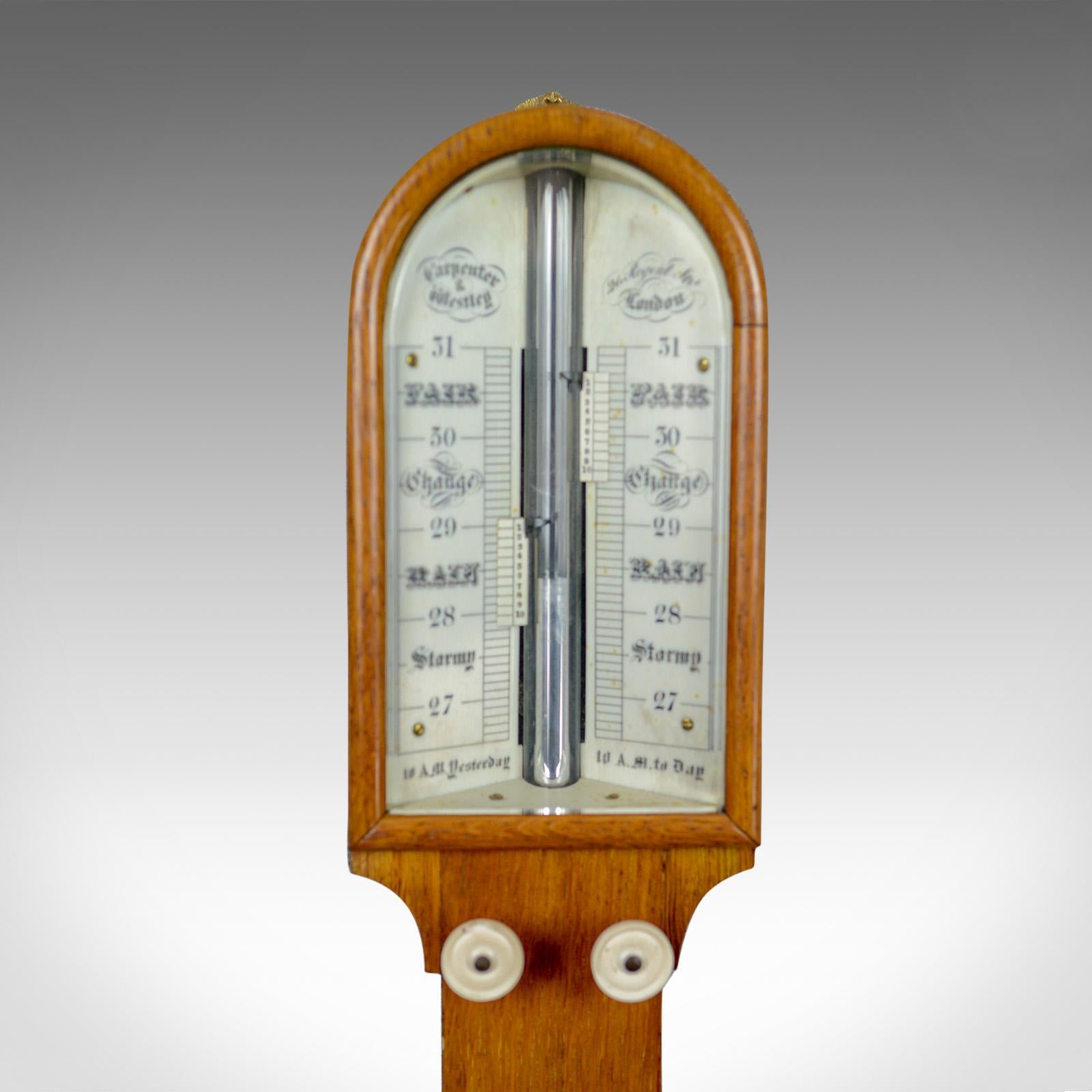 This is an antique stick barometer by Carpenter and Westley, 24 Regents Street, London. Dome topped, in oak and dating to the mid-19th century, circa 1860.

Of fine quality by renowned London maker, Carpenter and Westley
Cased in English oak