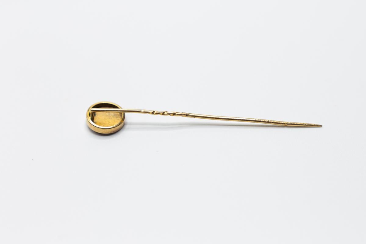 Women's or Men's Antique Stick Pin in 18 Karat Gold with Portrait Miniature and Guilloche Enamel For Sale