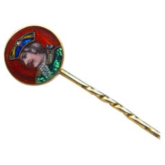 Antique Stick Pin in 18 Karat Gold with Portrait Miniature and Guilloche Enamel
