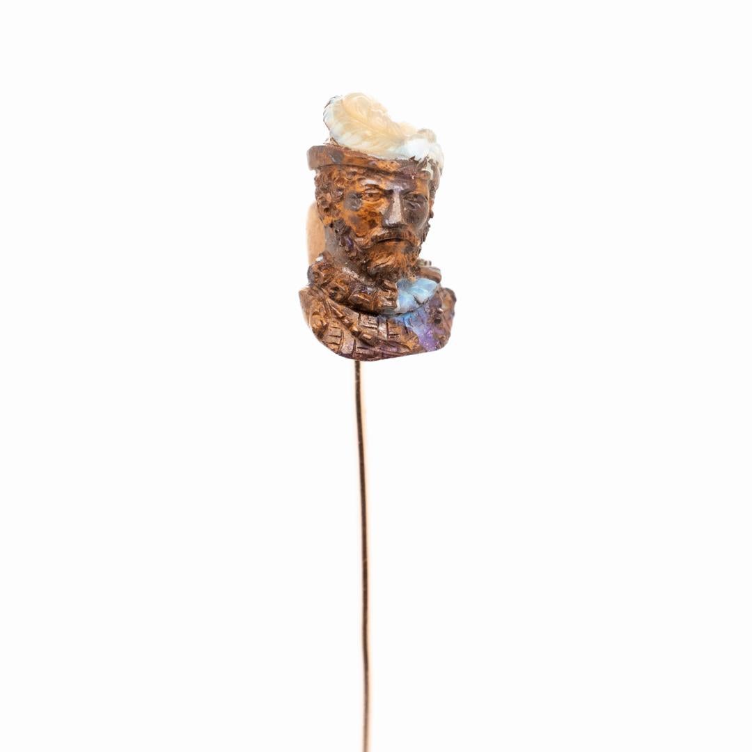 Mixed Cut Antique Stick Pin with Carved Opal Bust of a Man attributed to Wilhelm Schmidt For Sale