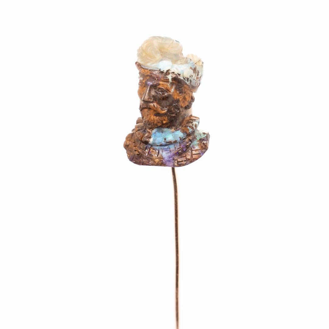 Antique Stick Pin with Carved Opal Bust of a Man attributed to Wilhelm Schmidt In Good Condition For Sale In Philadelphia, PA