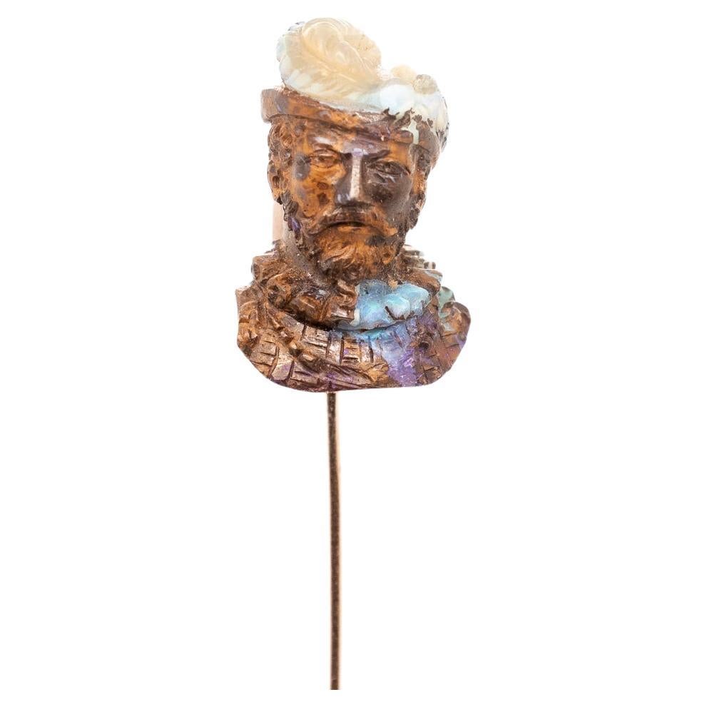 Antique Stick Pin with Carved Opal Bust of a Man attributed to Wilhelm Schmidt For Sale