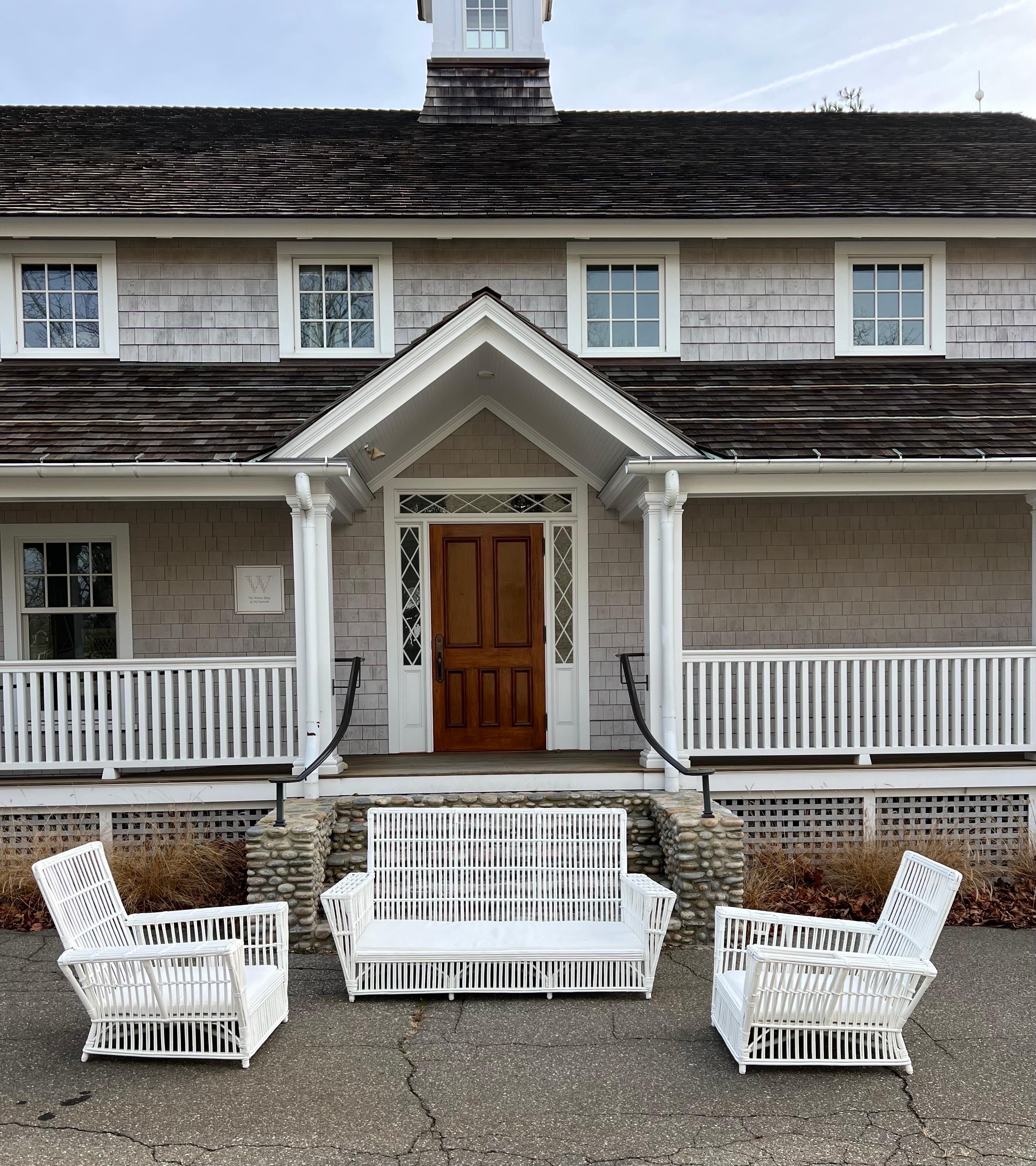 A vintage stick rattan set comprised of one sofa and two chairs.  Sofa measures 74Wx35Tx37D. Chairs measure 36Wx34Tx37D.  The seat platform is 10-11” high so five inch cushions will be required.  These pieces have been cleaned and freshly painted