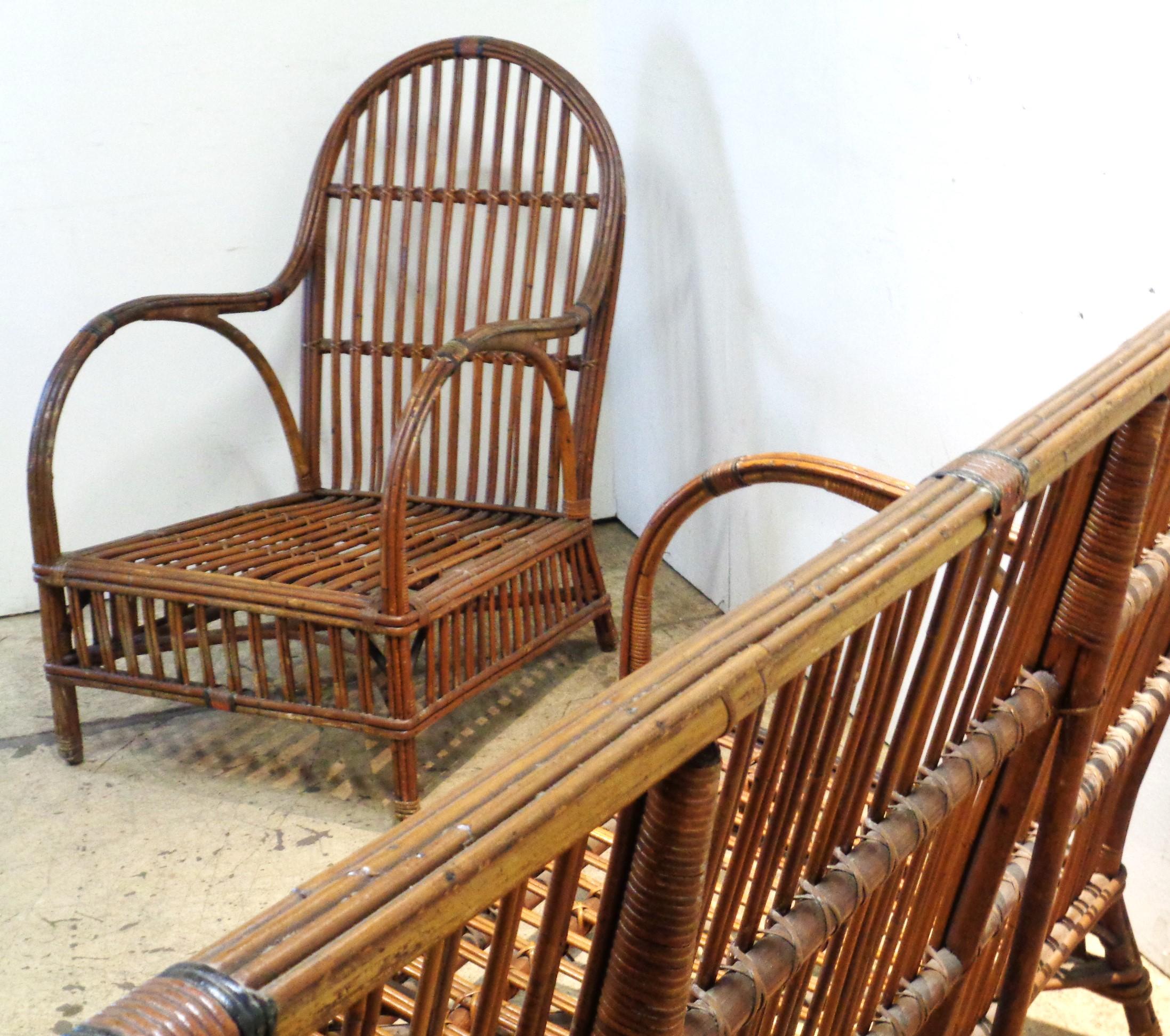 American Natural Stick Wicker Settee and Matching Armchair, Circa 1930 8