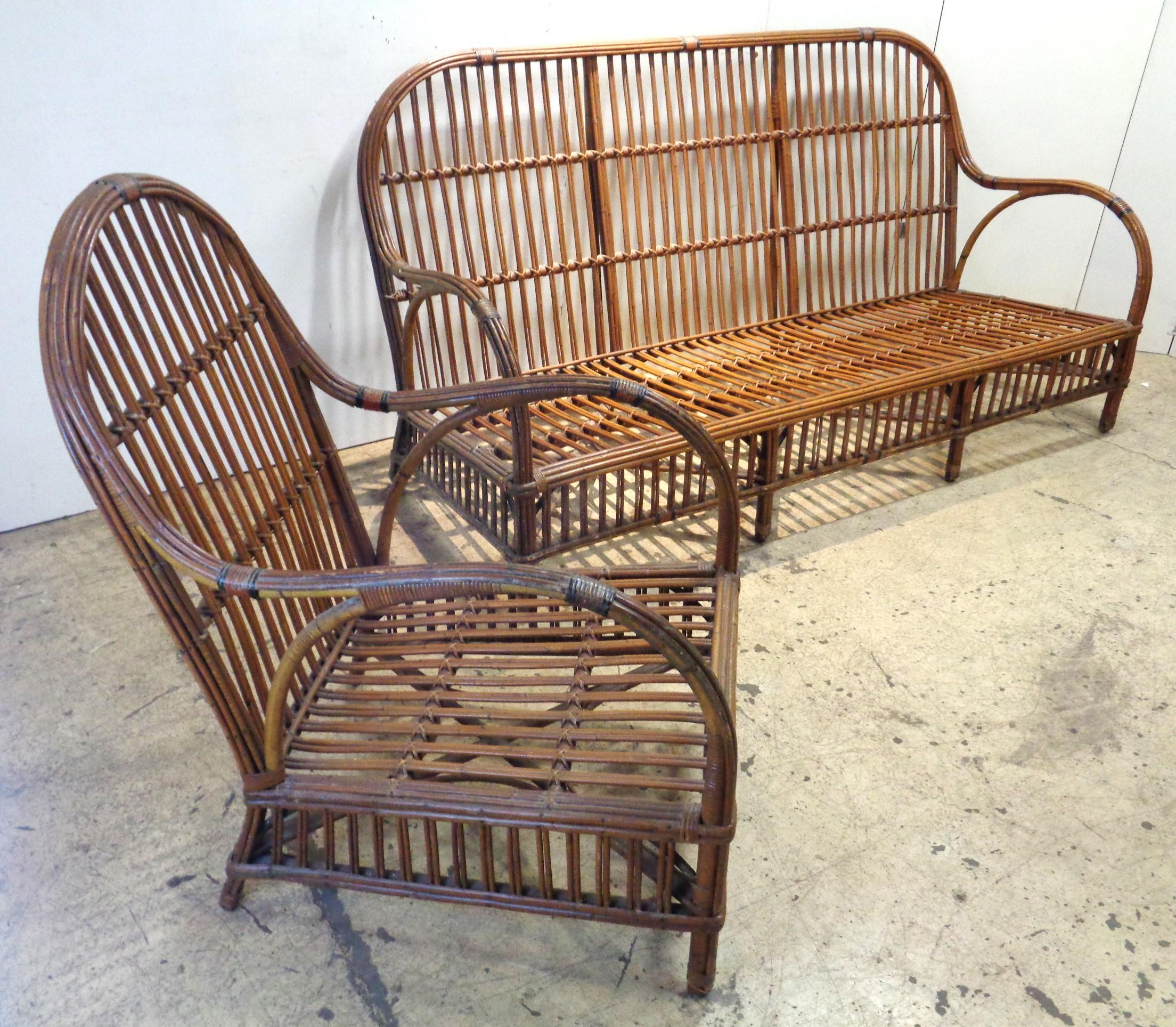 American Natural Stick Wicker Settee and Matching Armchair, Circa 1930 9