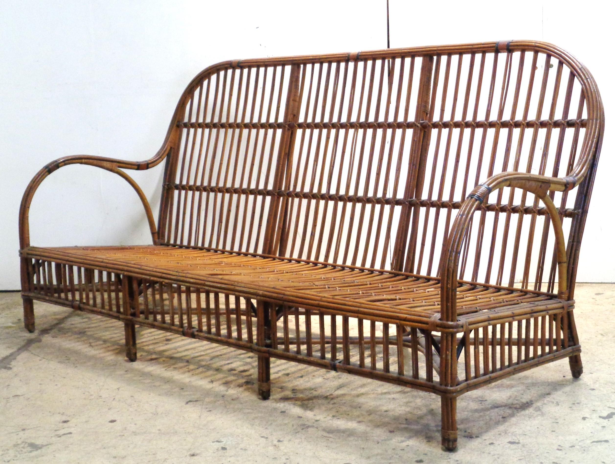 Art Deco American Natural Stick Wicker Settee and Matching Armchair, Circa 1930