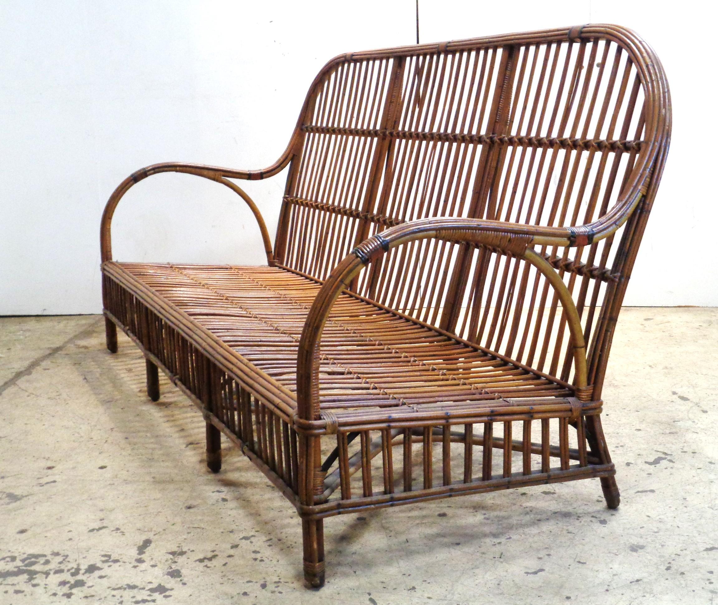 Hand-Crafted American Natural Stick Wicker Settee and Matching Armchair, Circa 1930