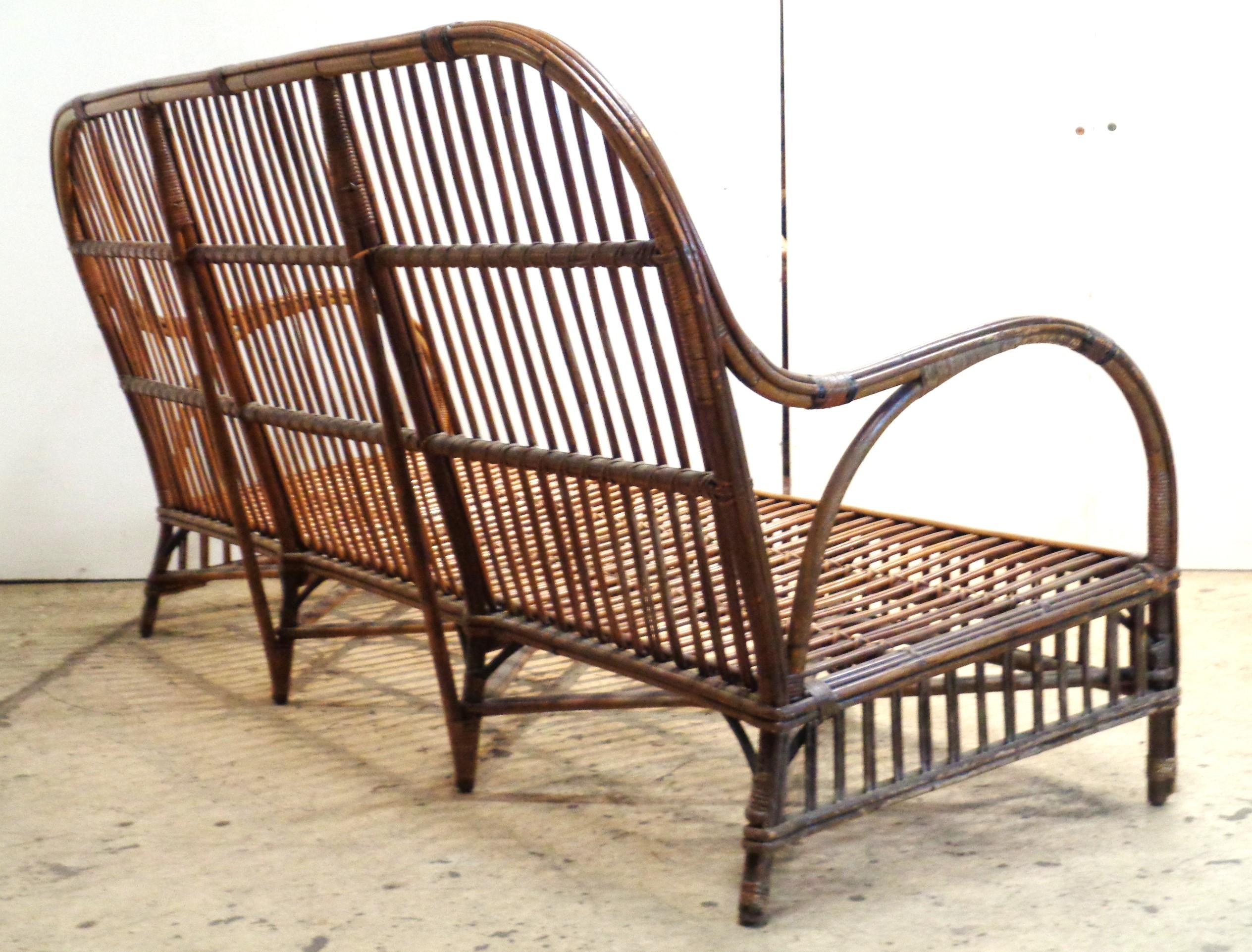 Mid-20th Century American Natural Stick Wicker Settee and Matching Armchair, Circa 1930