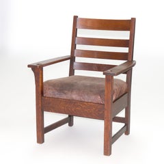 Antique Stickley Arts and Crafts Mission Oak Slat Back Arm Chair C1910
