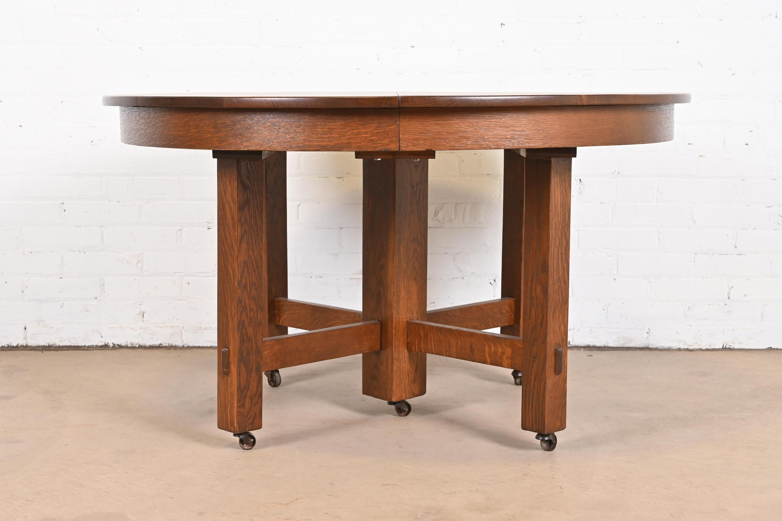 A rare and exceptional antique Mission oak Arts & Crafts extension dining table

By Stickley Brothers

USA, Circa 1900

Solid quarter sawn oak, with original casters.

Measures: 48