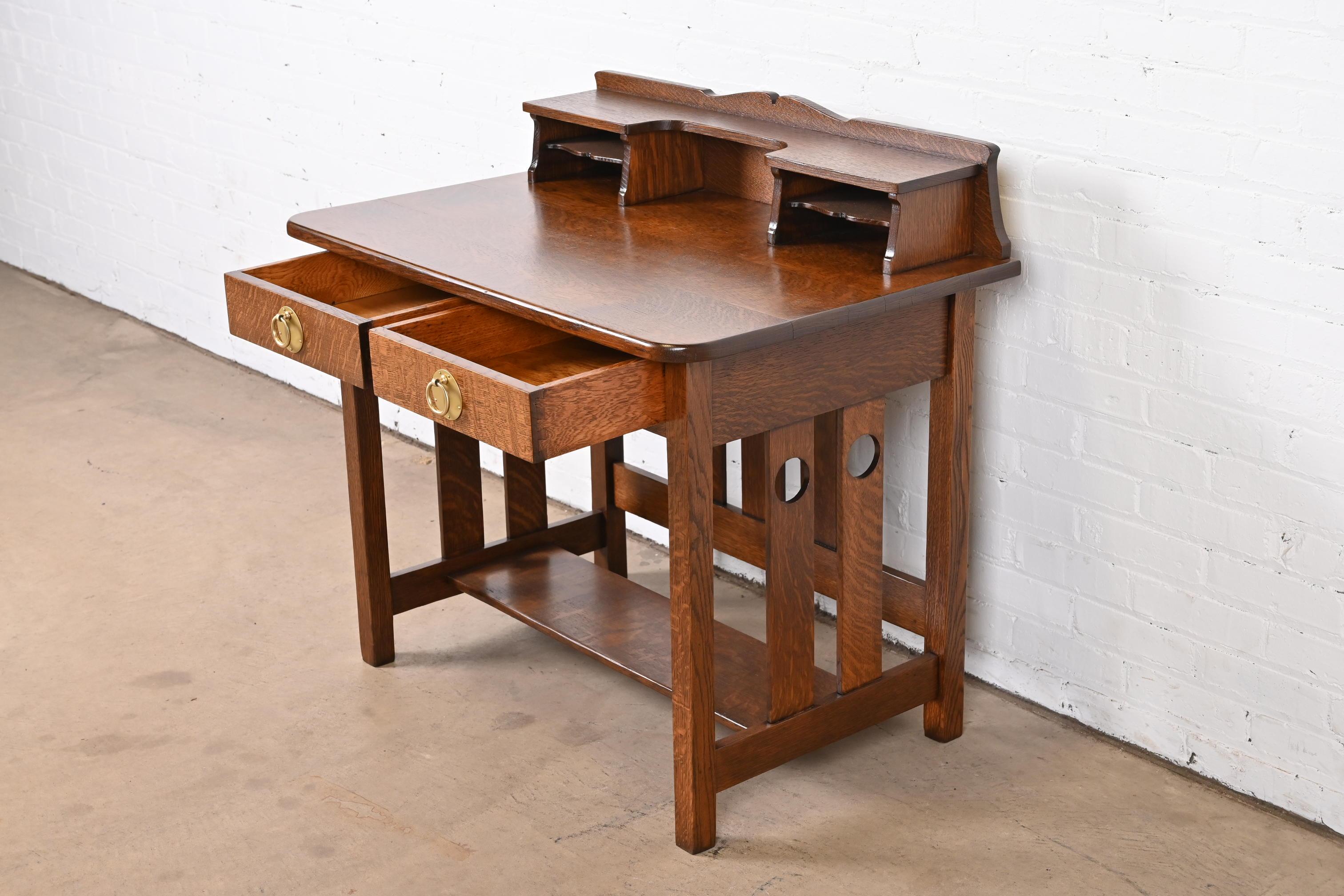20th Century Antique Stickley Brothers Mission Oak Arts & Crafts Writing Desk, Newly Restored For Sale