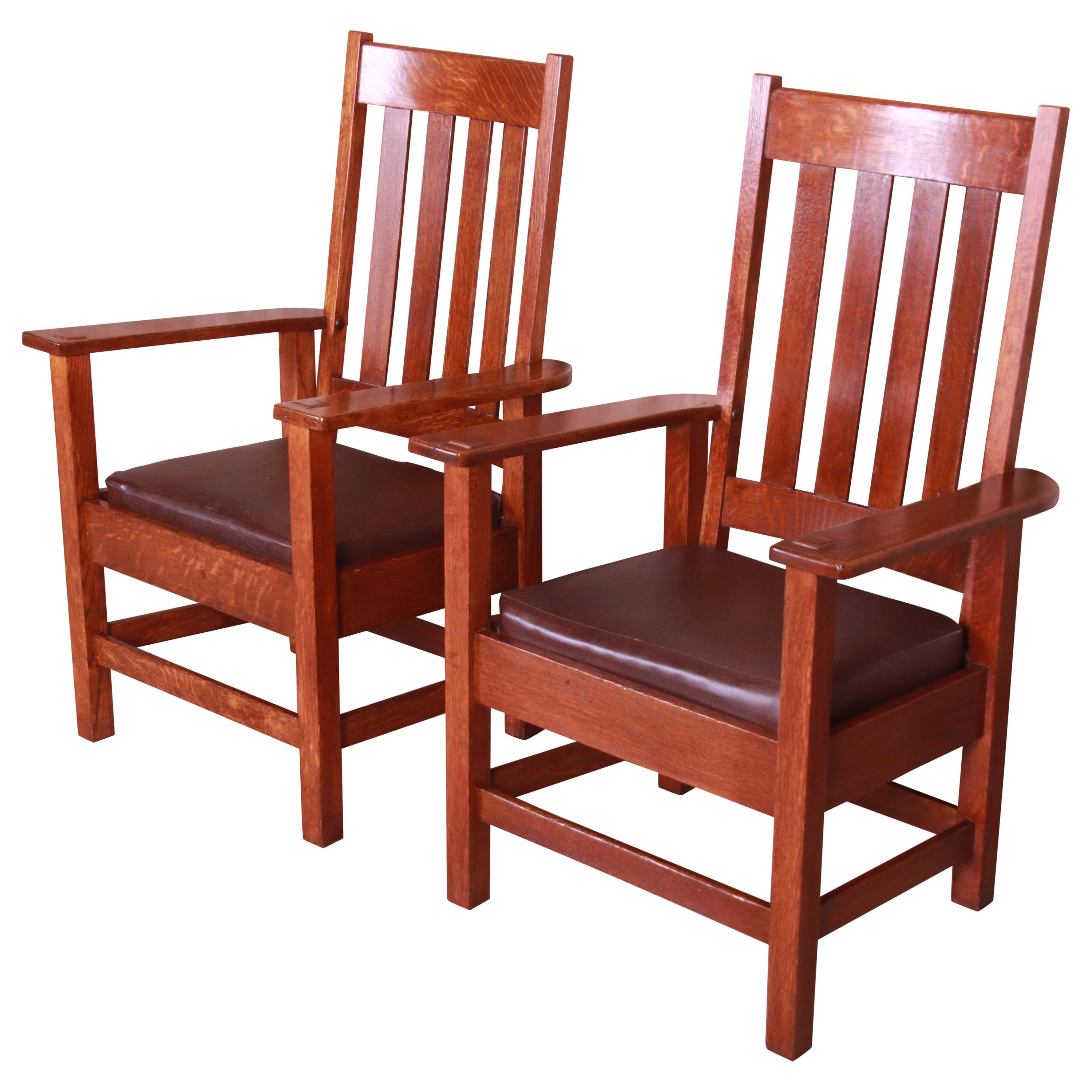 Antique Stickley Brothers Oak and Brown Leather High Back Lounge Chairs, Pair