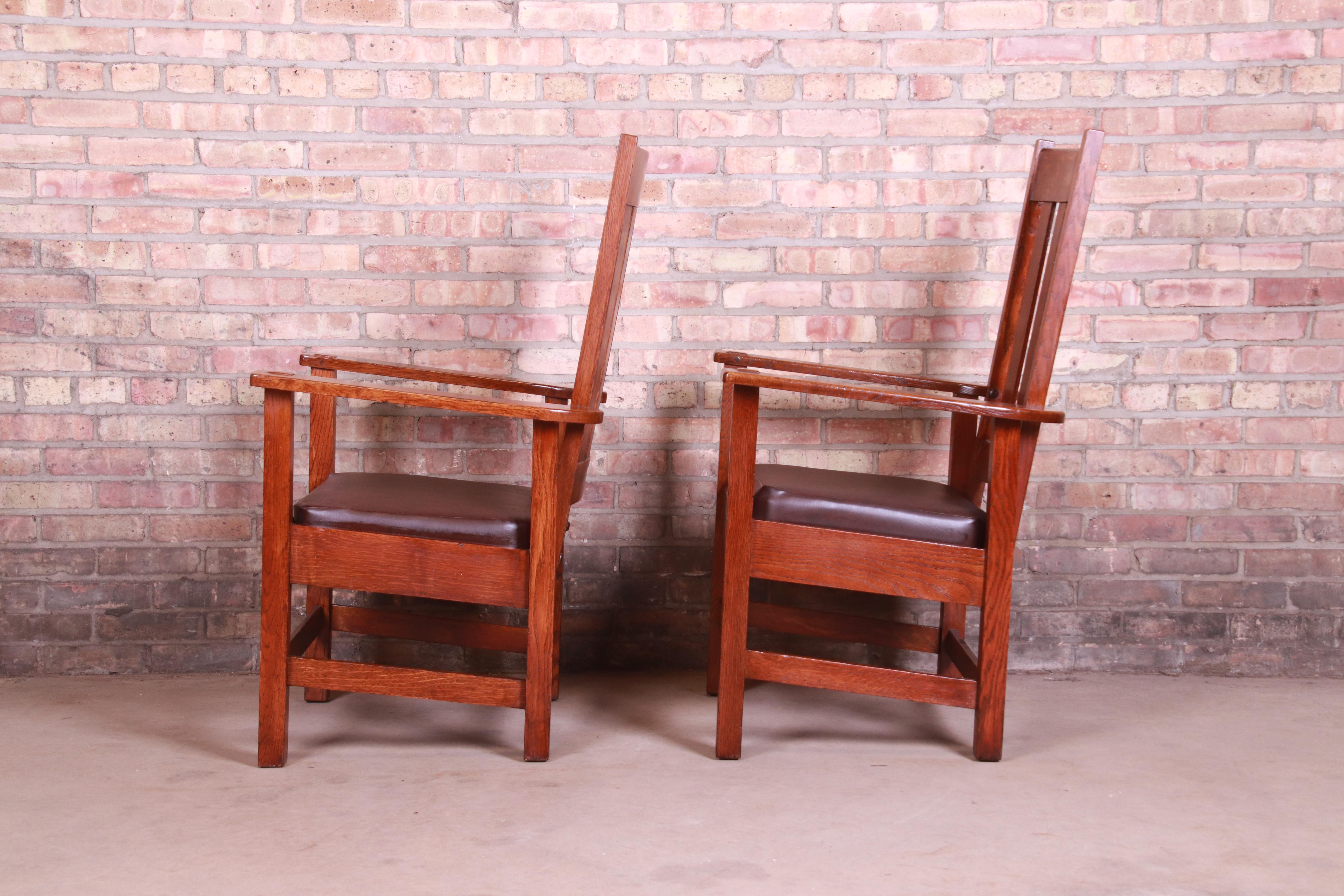 Antique Stickley Brothers Oak and Brown Leather High Back Lounge Chairs, Pair 4