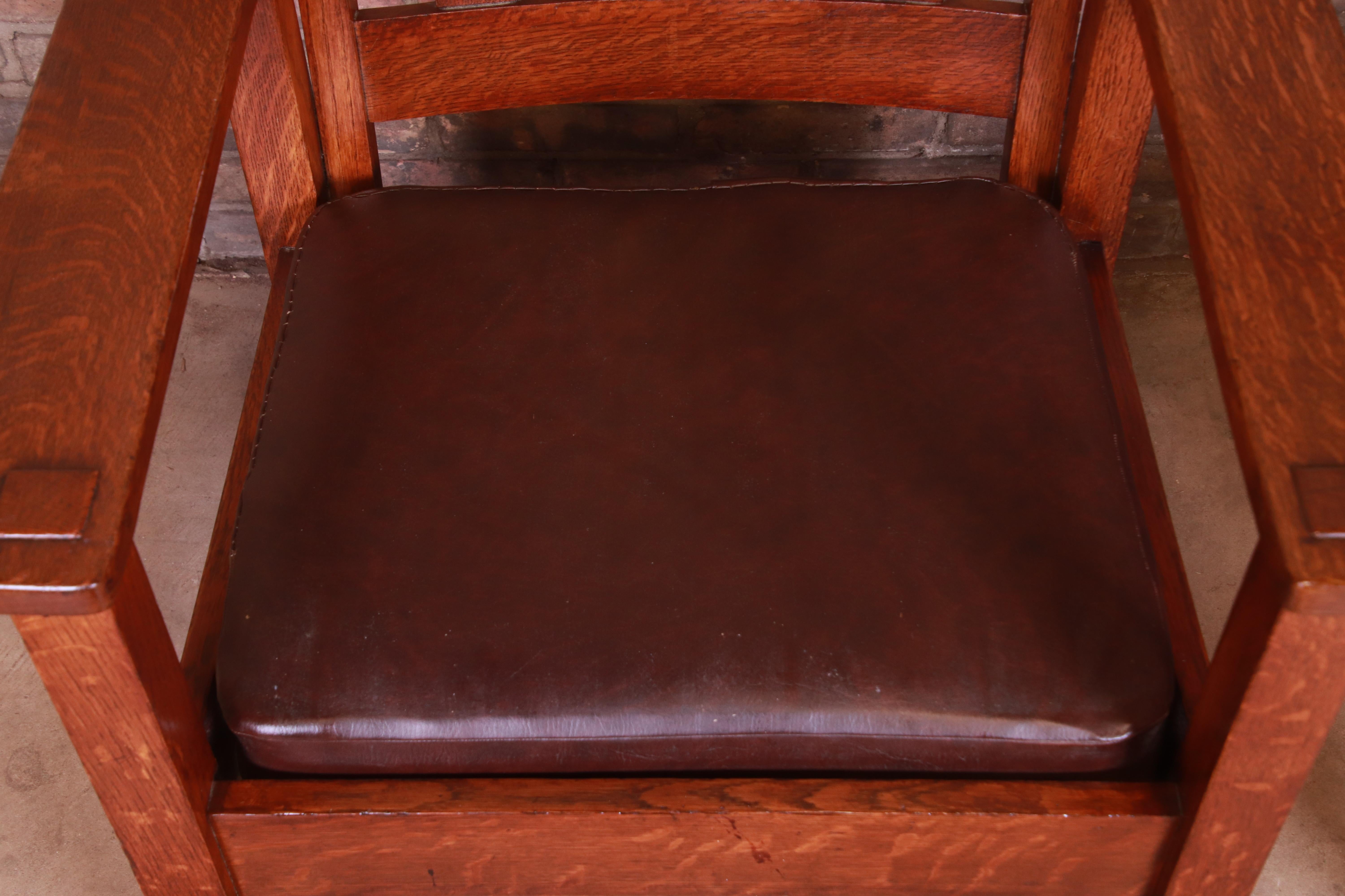 Antique Stickley Brothers Oak and Brown Leather High Back Lounge Chairs, Pair 5