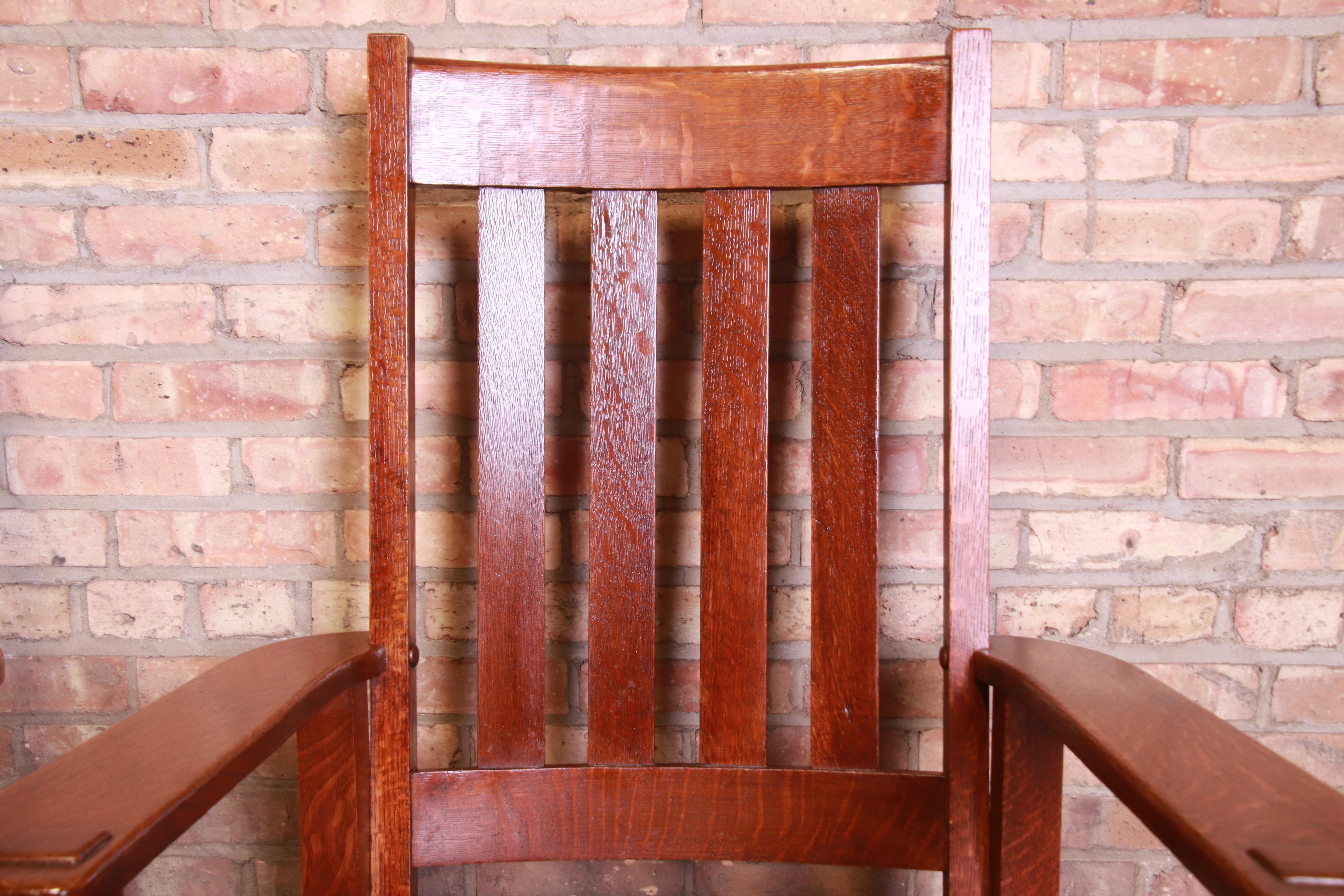 Antique Stickley Brothers Oak and Brown Leather High Back Lounge Chairs, Pair 7