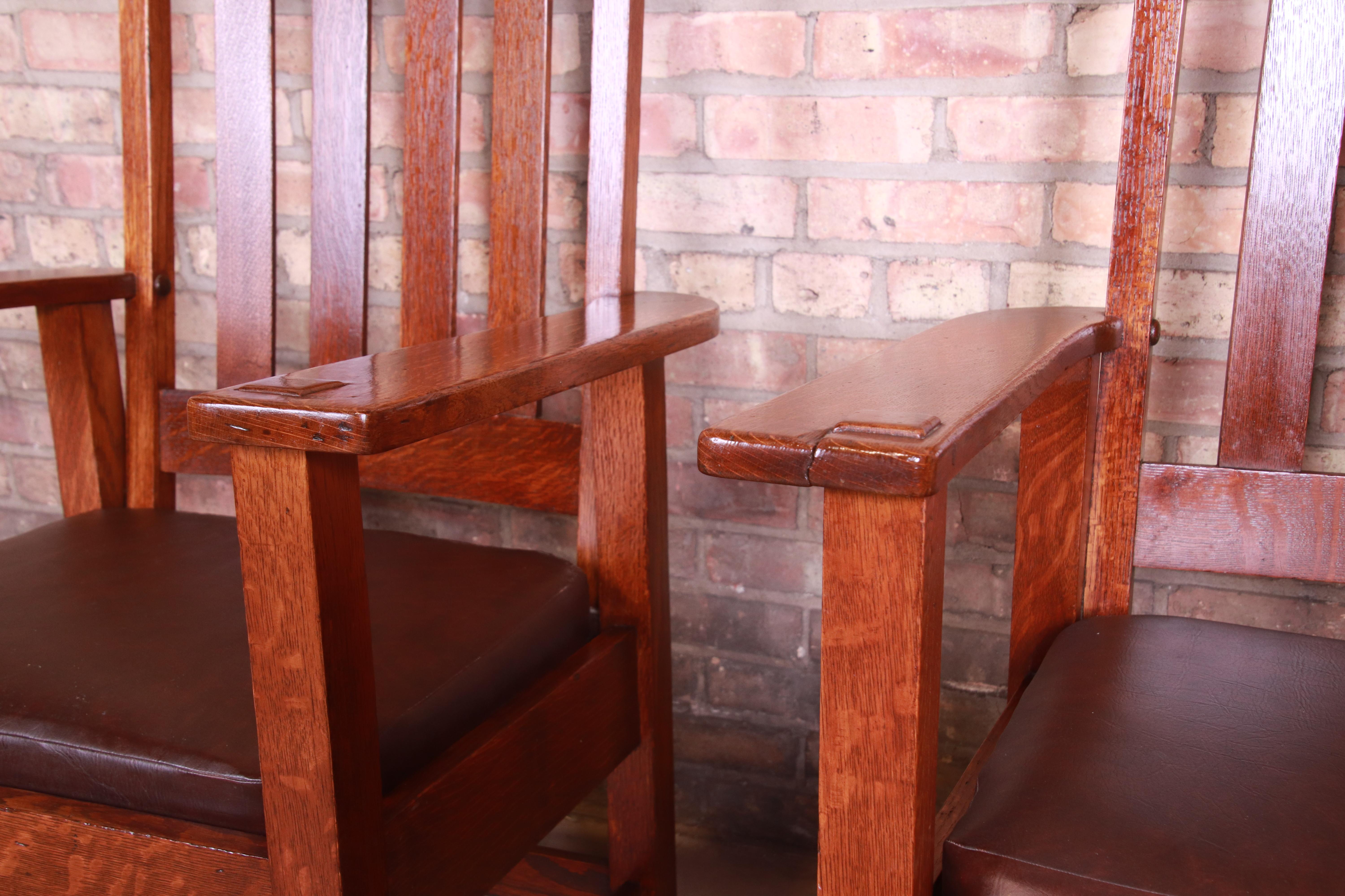 Antique Stickley Brothers Oak and Brown Leather High Back Lounge Chairs, Pair 8