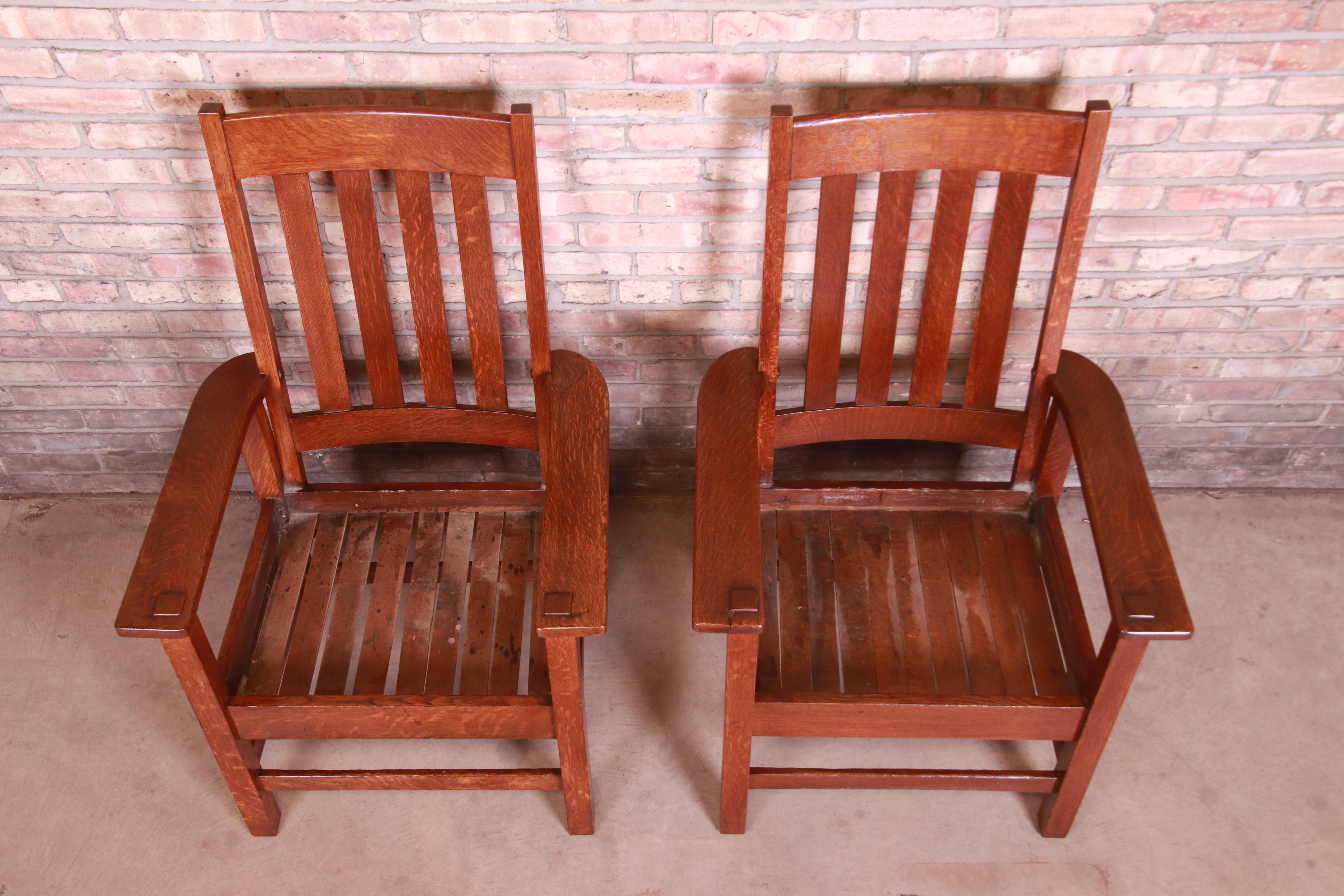 Antique Stickley Brothers Oak and Brown Leather High Back Lounge Chairs, Pair 10