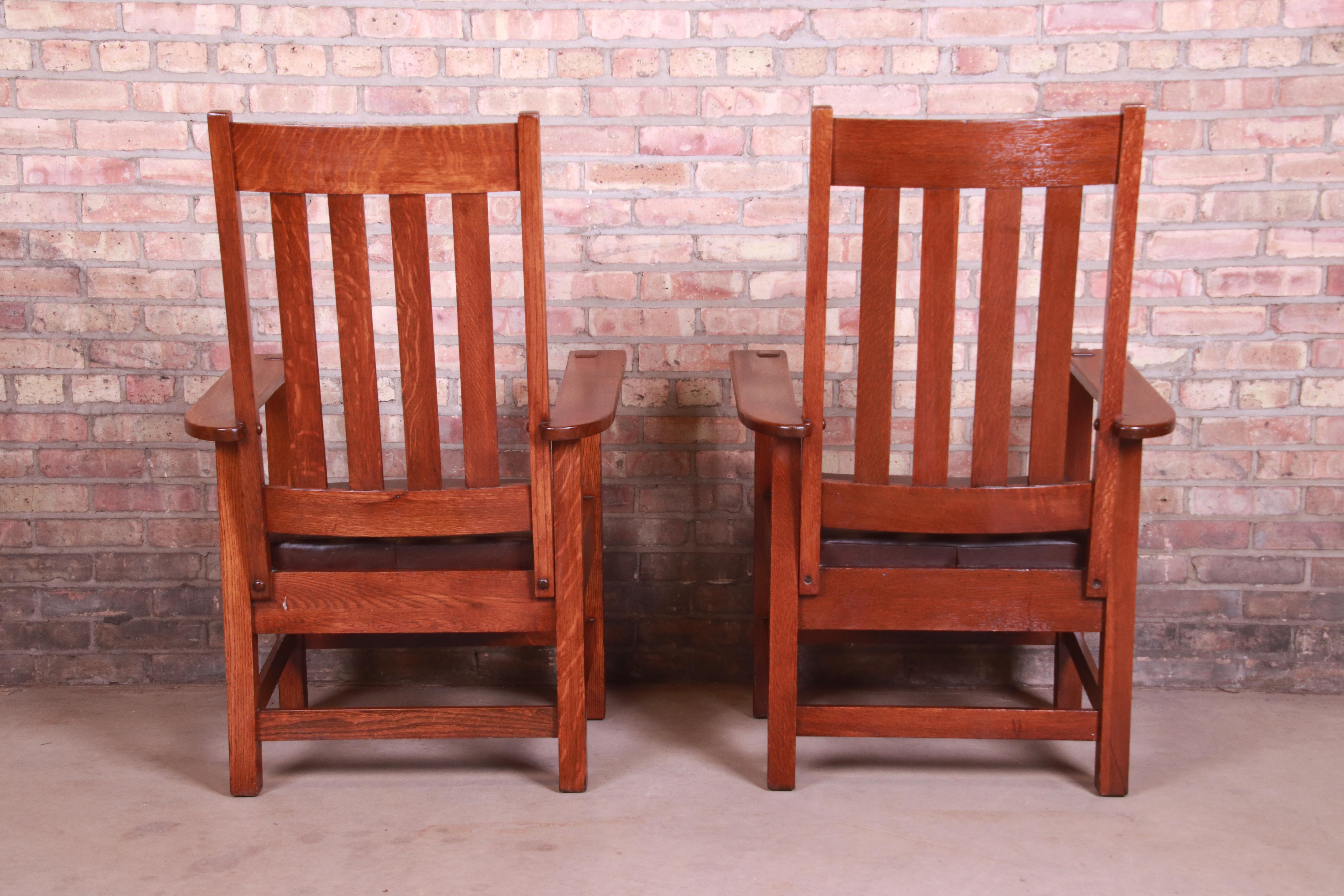 Antique Stickley Brothers Oak and Brown Leather High Back Lounge Chairs, Pair 11