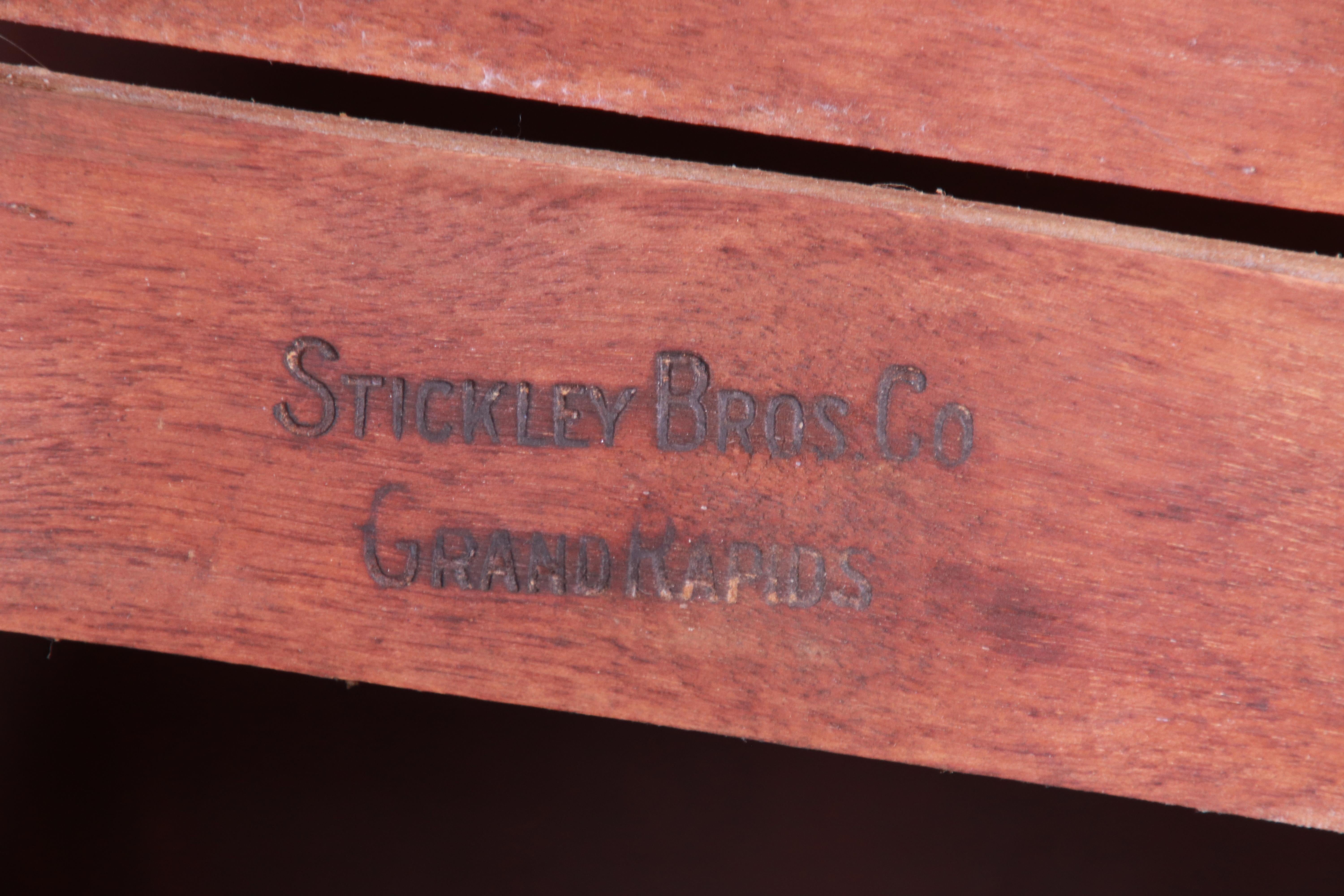 Antique Stickley Brothers Oak and Brown Leather High Back Lounge Chairs, Pair 12