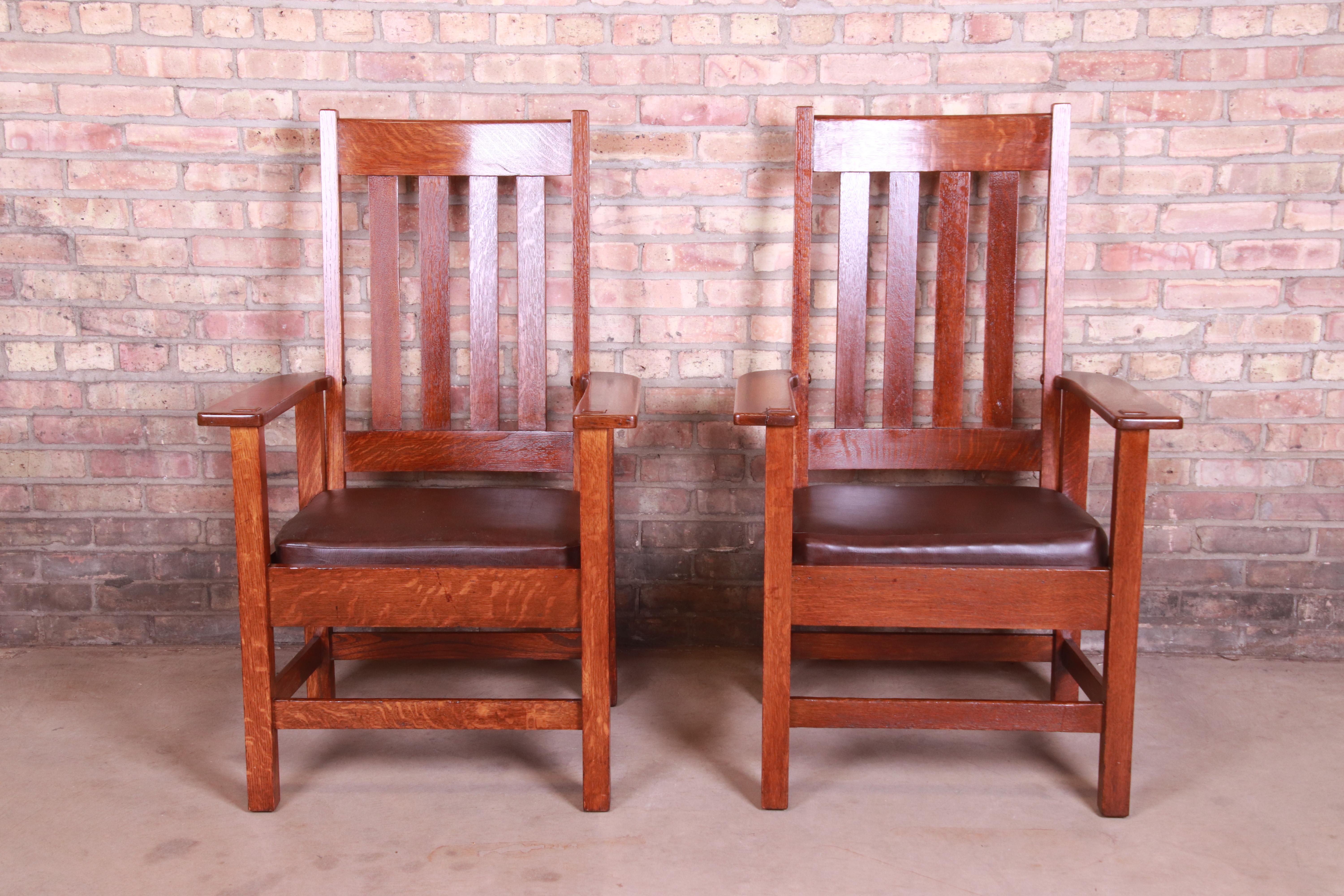 Arts and Crafts Antique Stickley Brothers Oak and Brown Leather High Back Lounge Chairs, Pair
