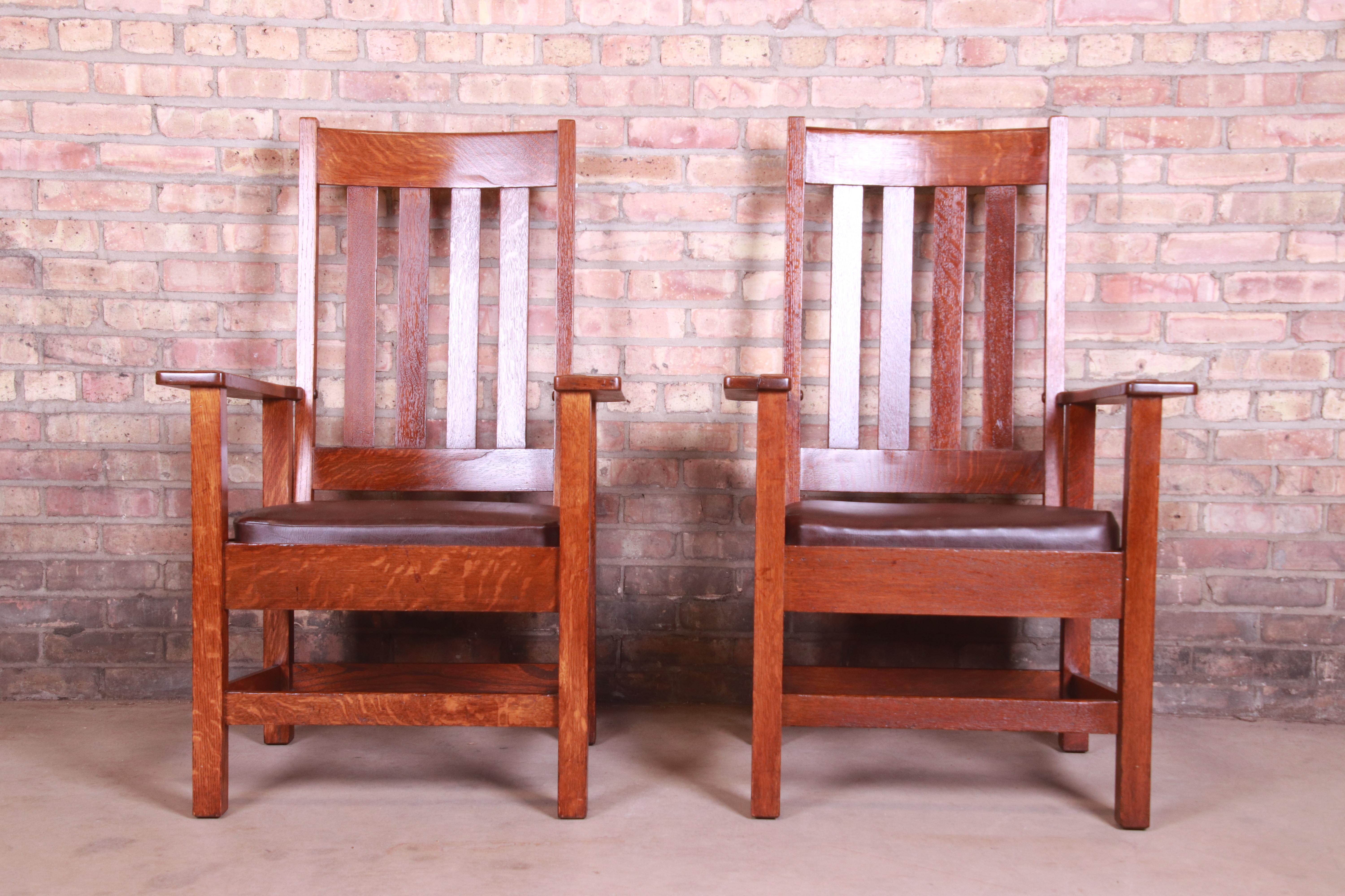 American Antique Stickley Brothers Oak and Brown Leather High Back Lounge Chairs, Pair