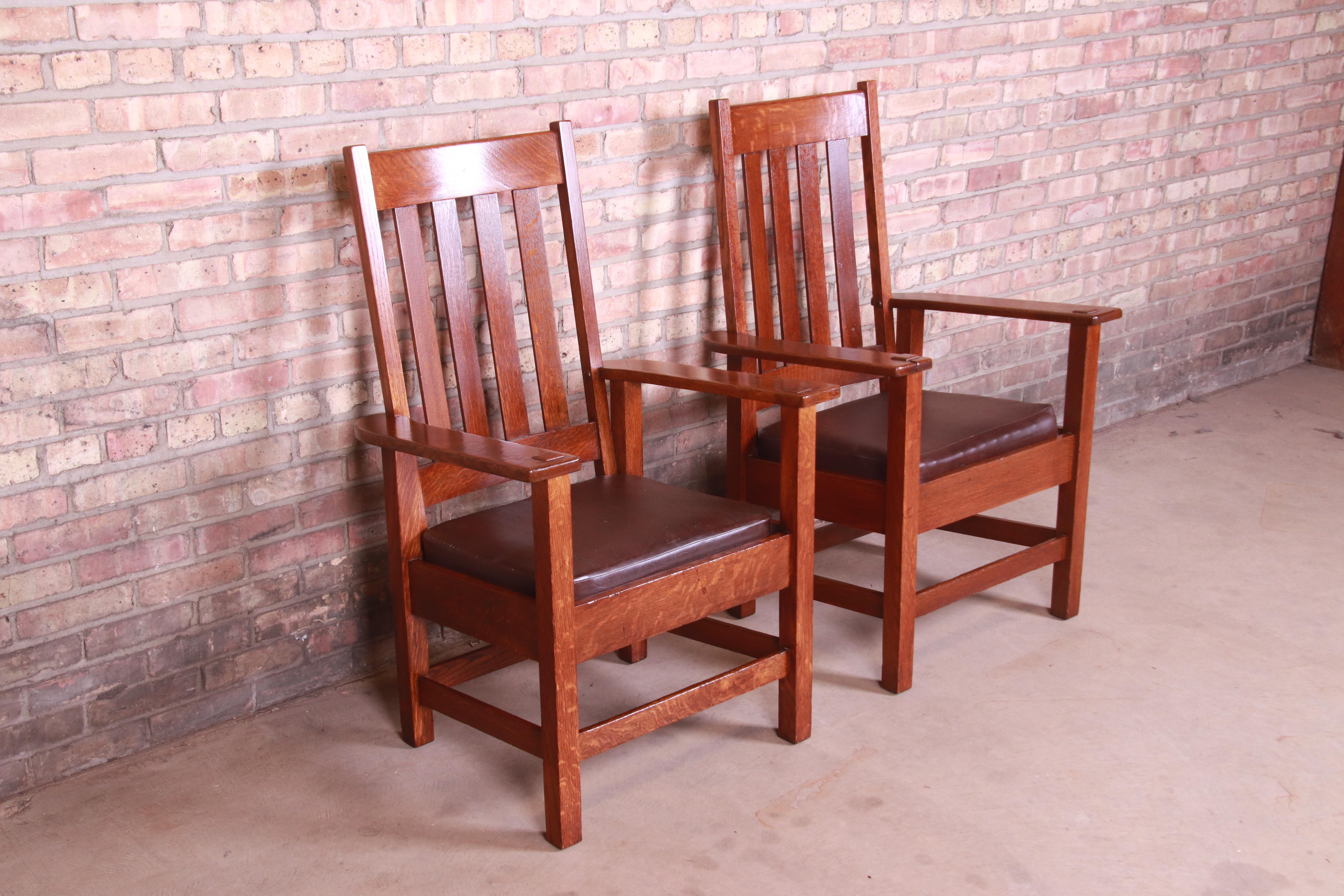 Antique Stickley Brothers Oak and Brown Leather High Back Lounge Chairs, Pair In Good Condition In South Bend, IN