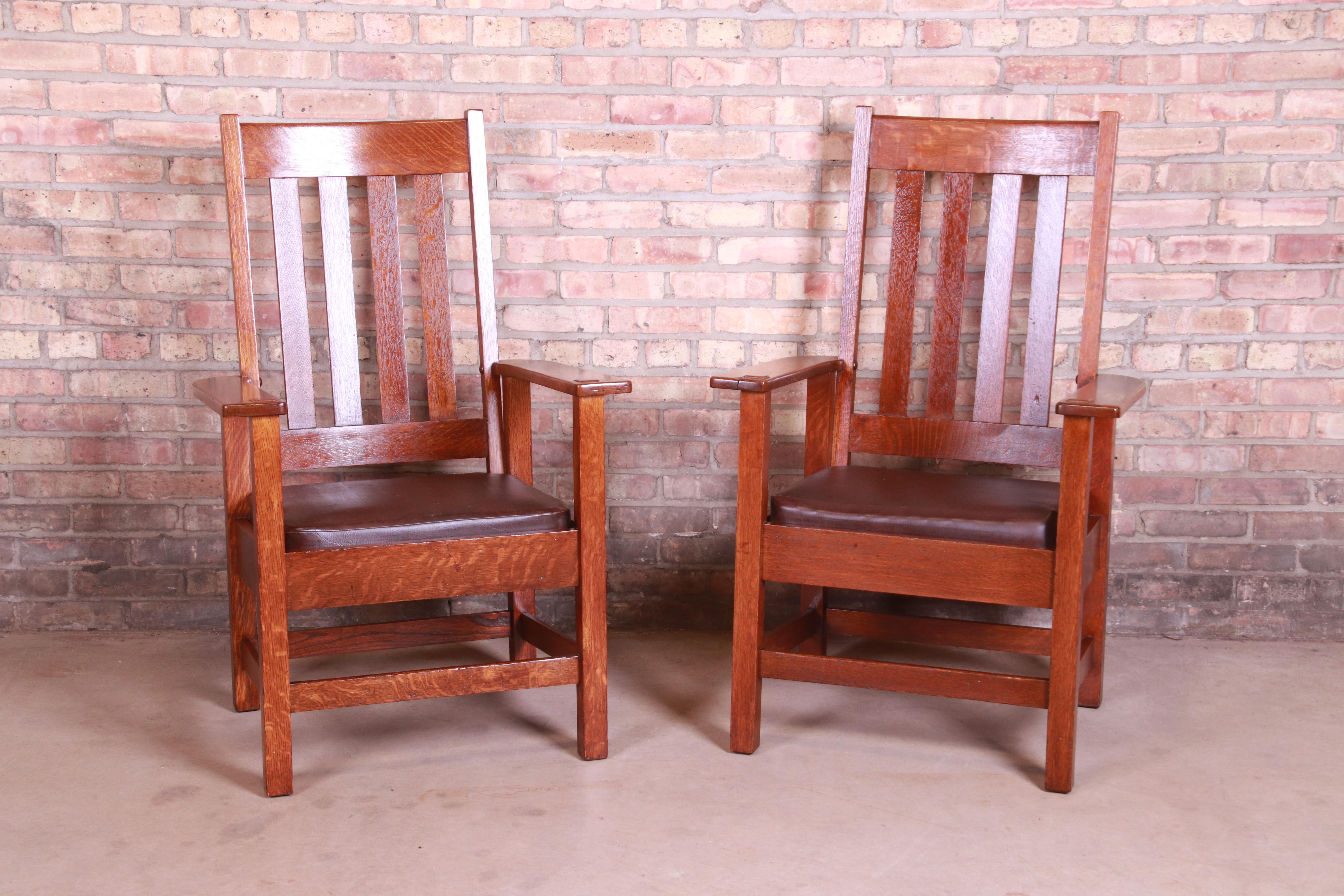 Antique Stickley Brothers Oak and Brown Leather High Back Lounge Chairs, Pair 1