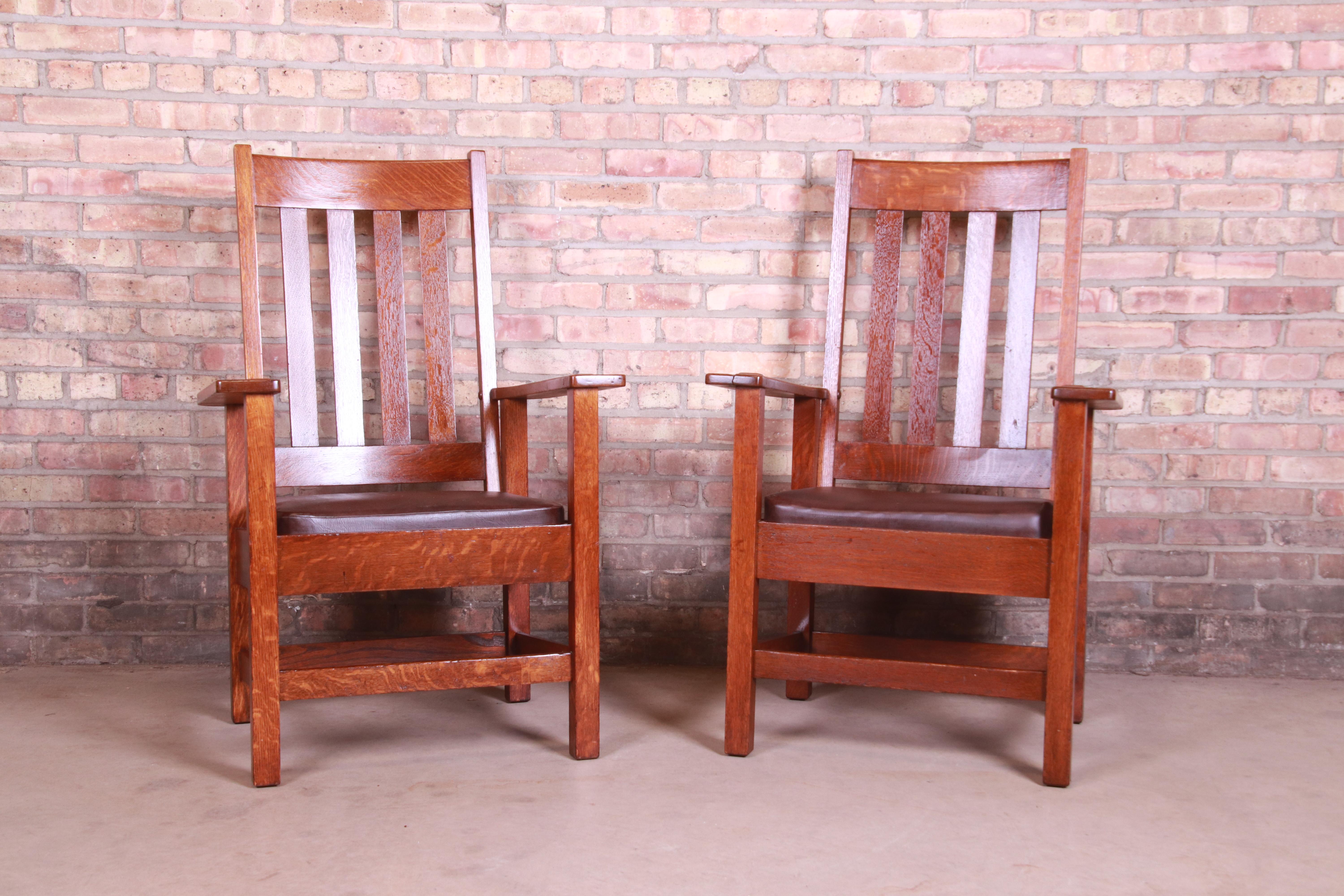 Antique Stickley Brothers Oak and Brown Leather High Back Lounge Chairs, Pair 2