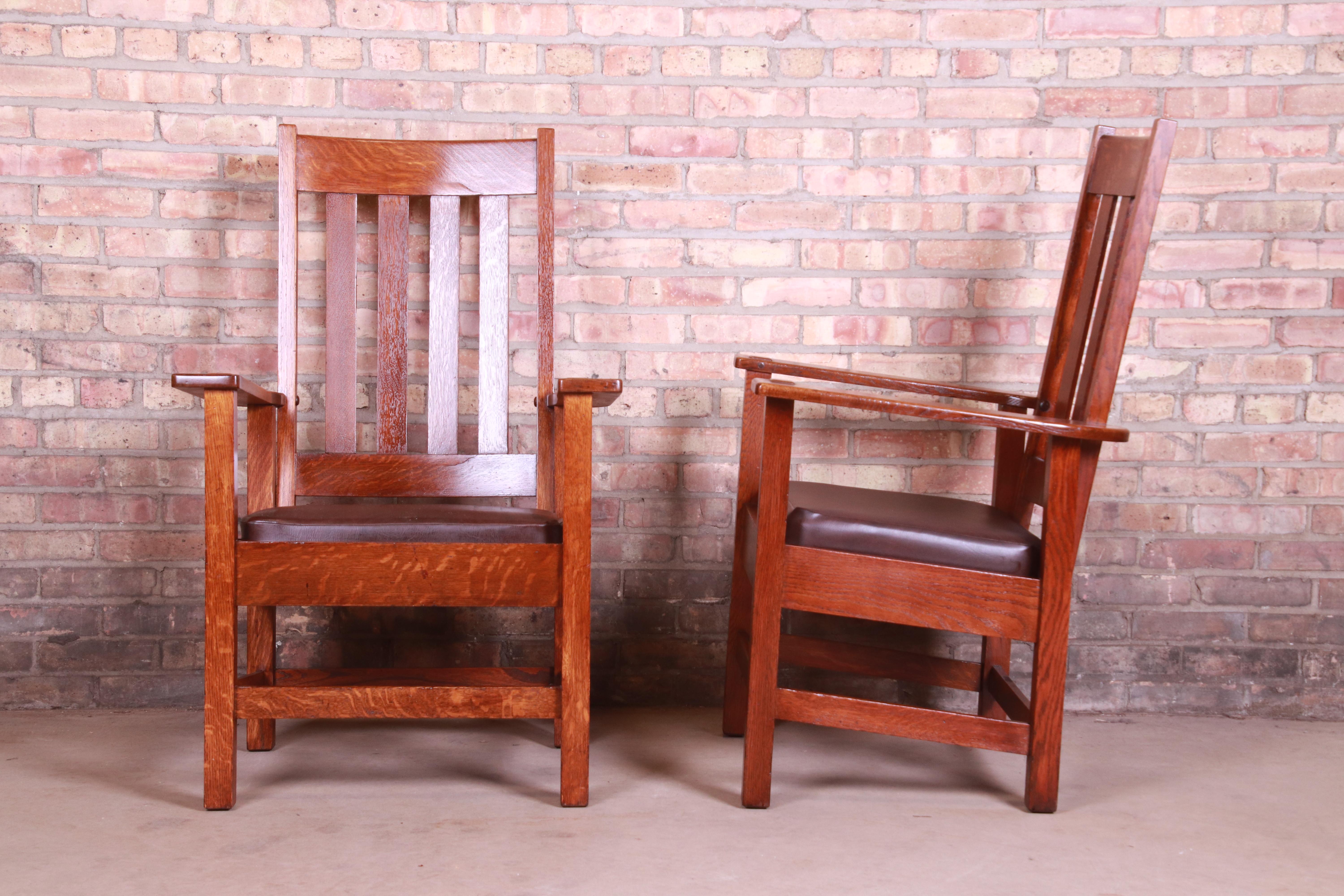 Antique Stickley Brothers Oak and Brown Leather High Back Lounge Chairs, Pair 3