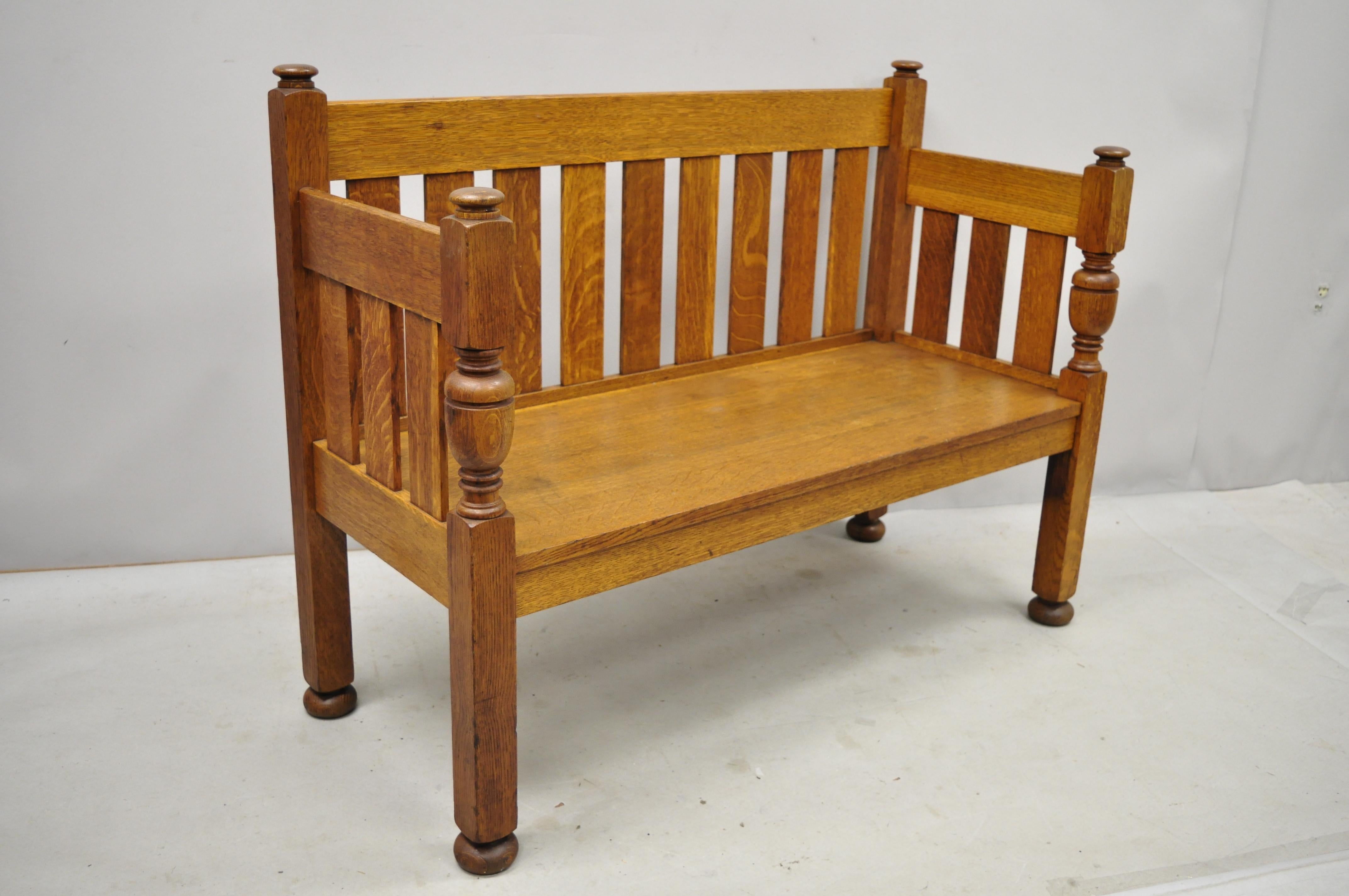 Antique Stickley Brothers Quaint Furniture Oak Slat Back Hall Bench Arts & Craft 3