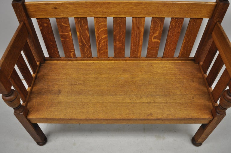 Antique Stickley Brothers Quaint Furniture Oak Slat Back Hall Bench