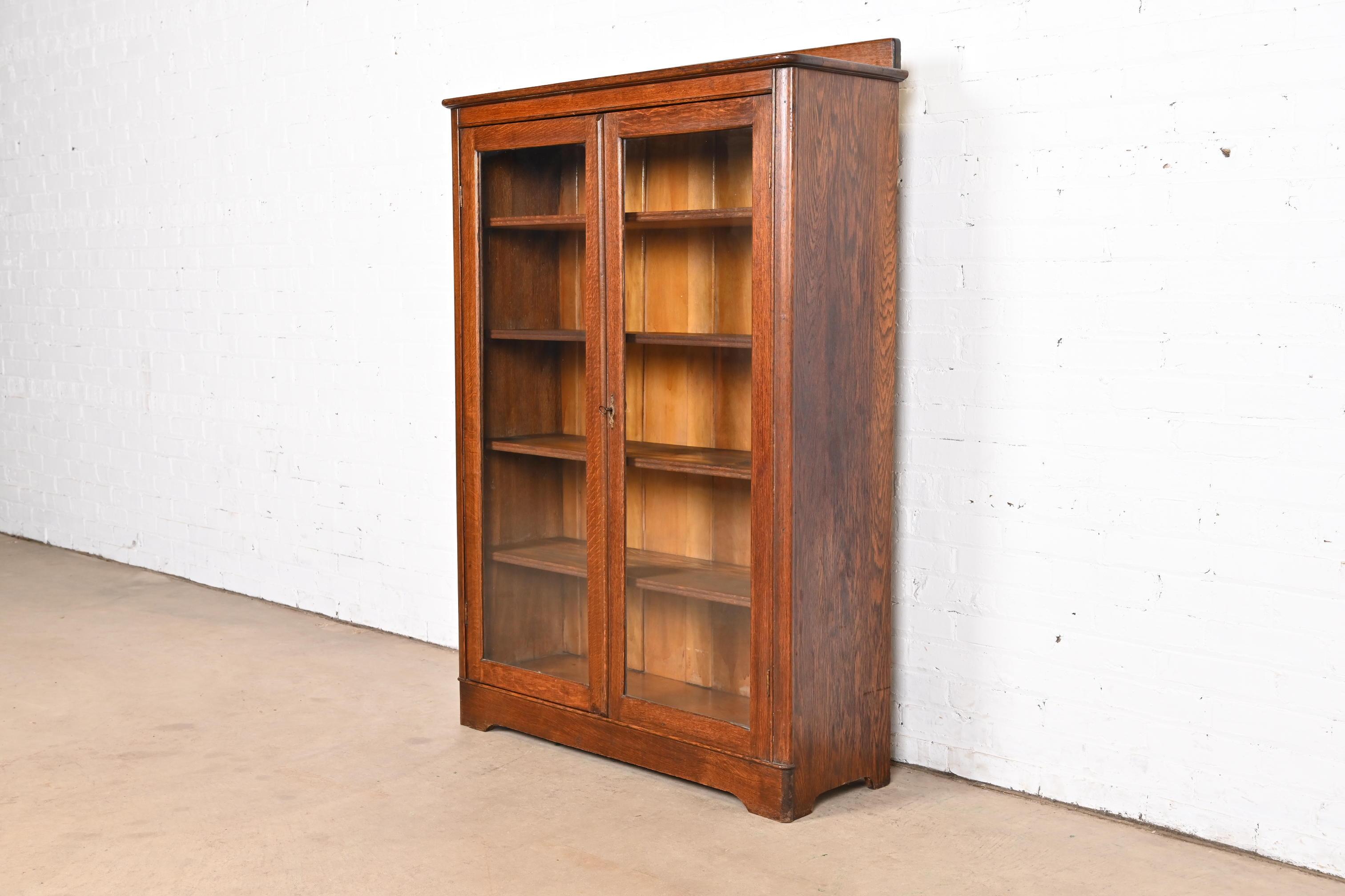Arts and Crafts Antique Stickley Brothers Style Arts & Crafts Oak Glass Front Bookcase Cabinet For Sale