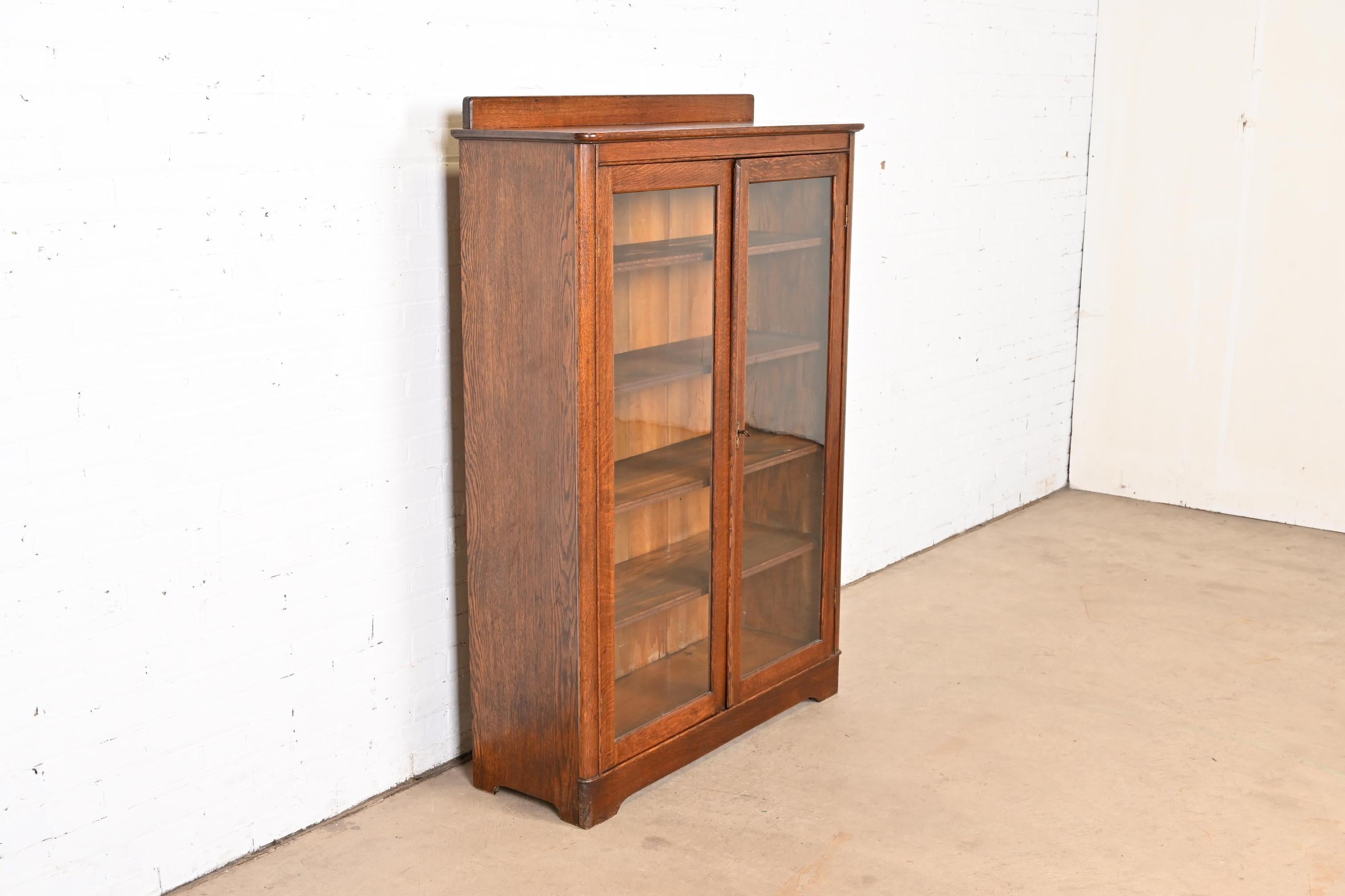 American Antique Stickley Brothers Style Arts & Crafts Oak Glass Front Bookcase Cabinet For Sale