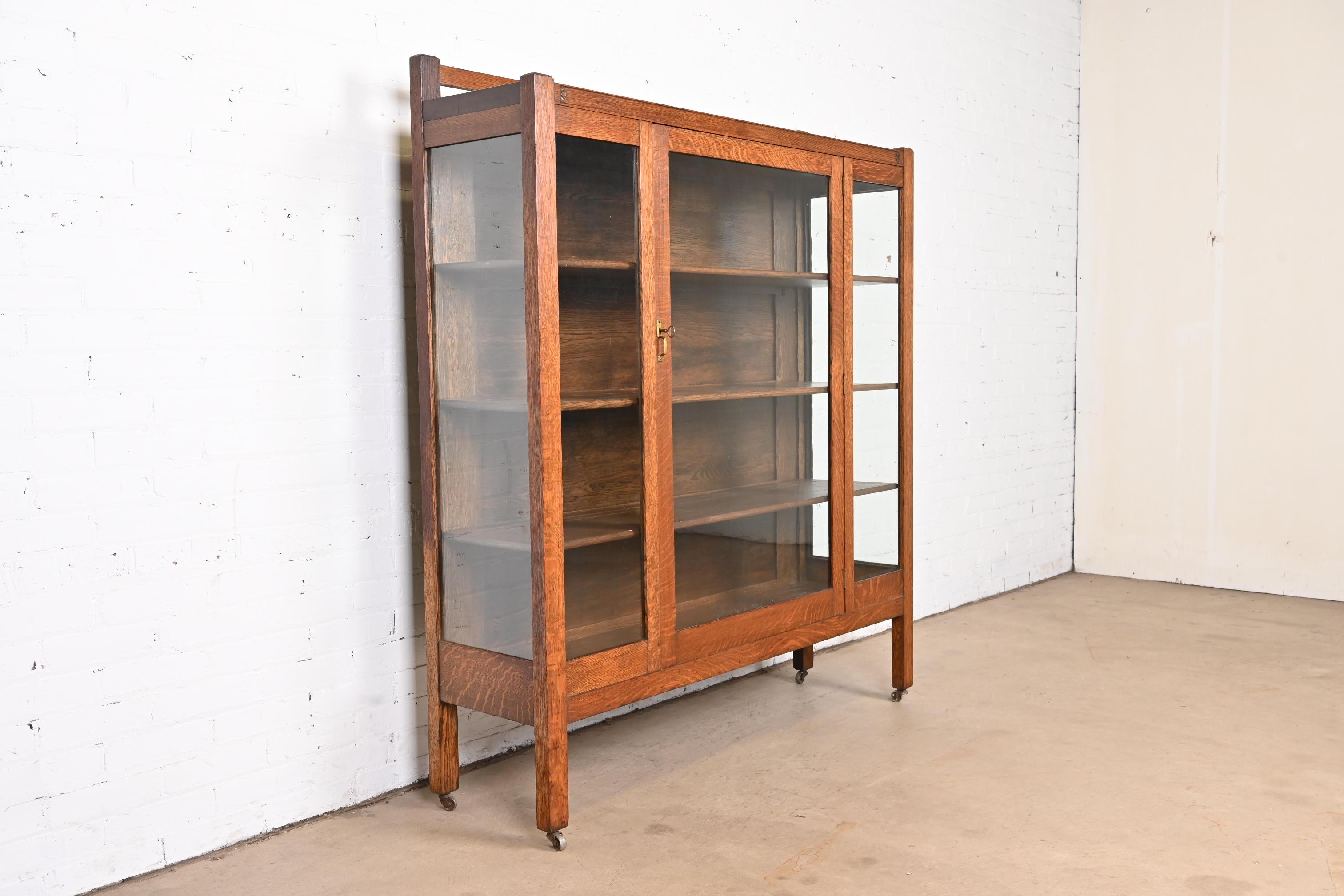 Brass Antique Stickley Brothers Style Mission Oak Arts and Crafts Bookcase, Circa 1900 For Sale